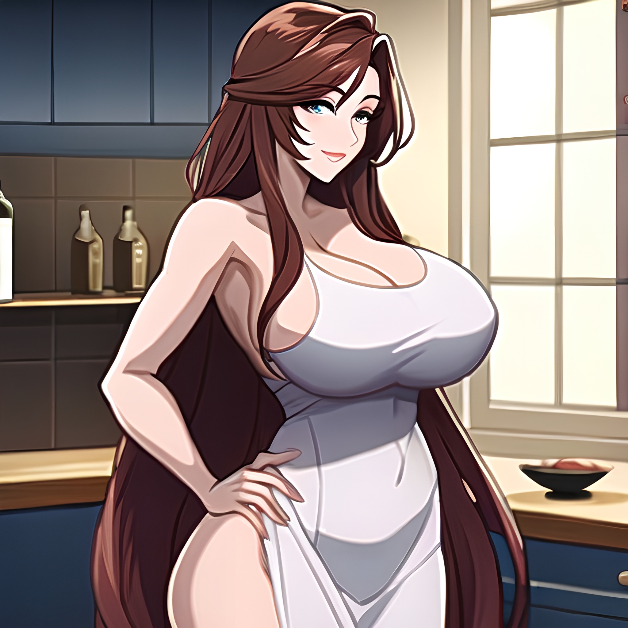 front view long hair perfect boobs woman nude kitchen