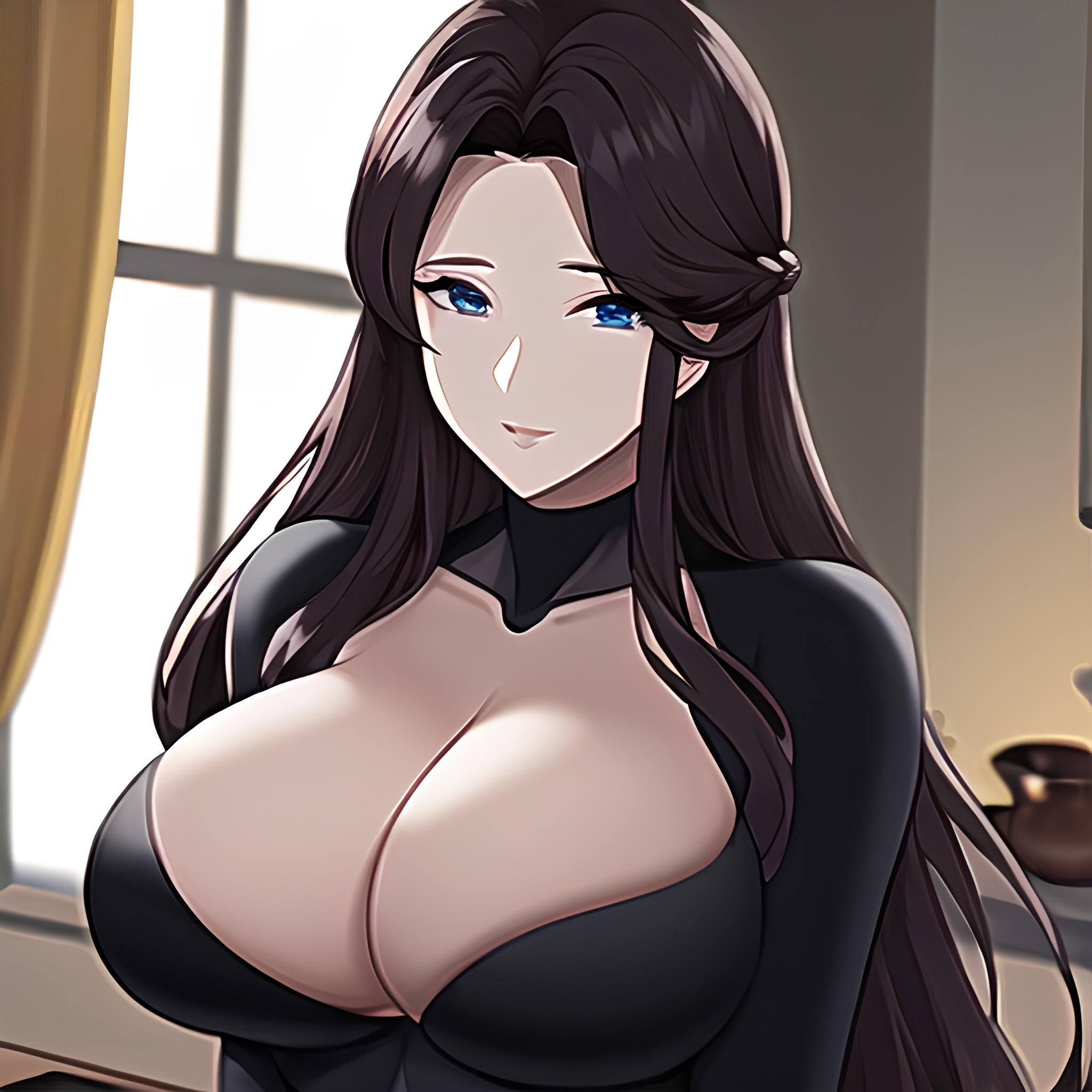 front view nude kitchen woman long hair perfect boobs