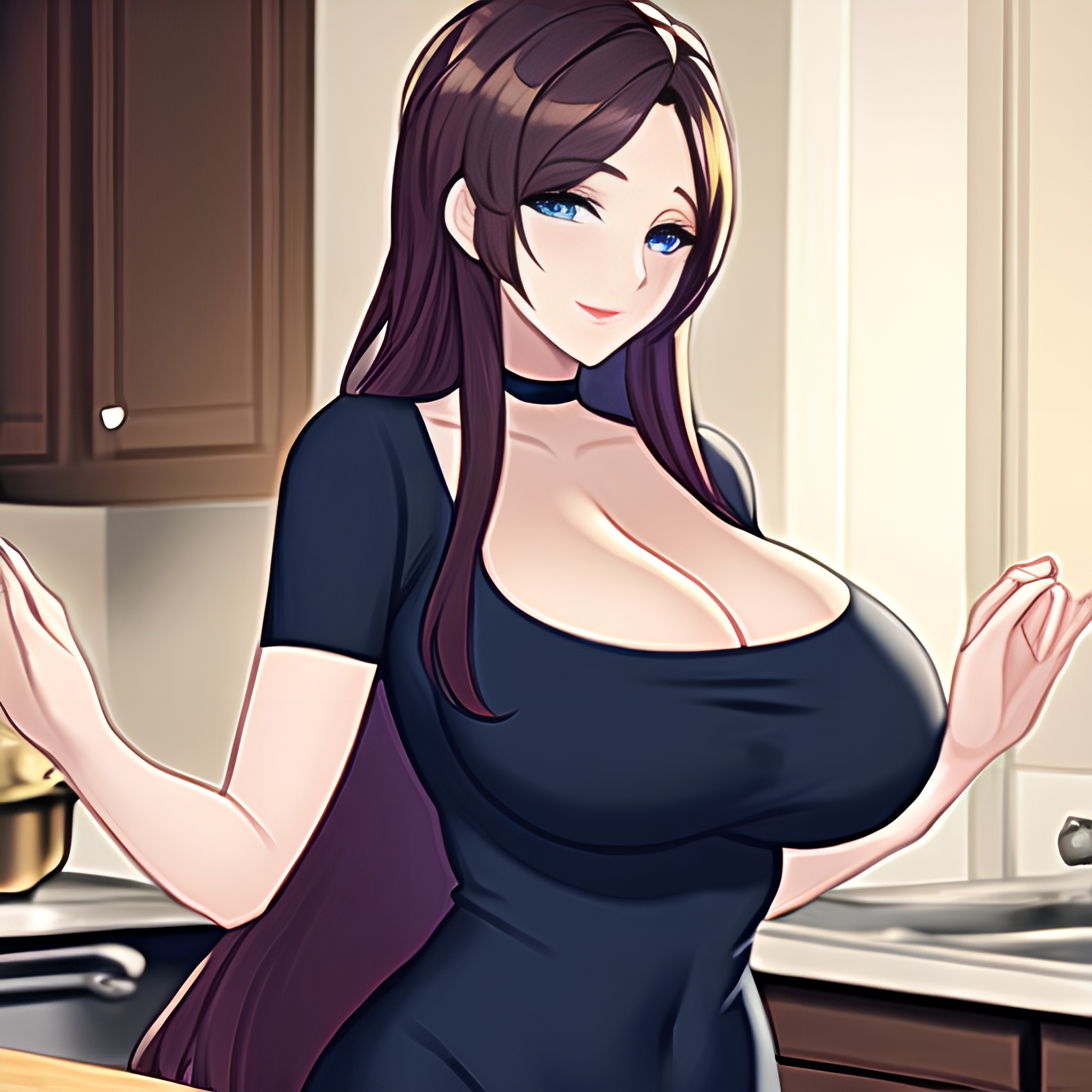 front view nude long hair kitchen woman perfect boobs 