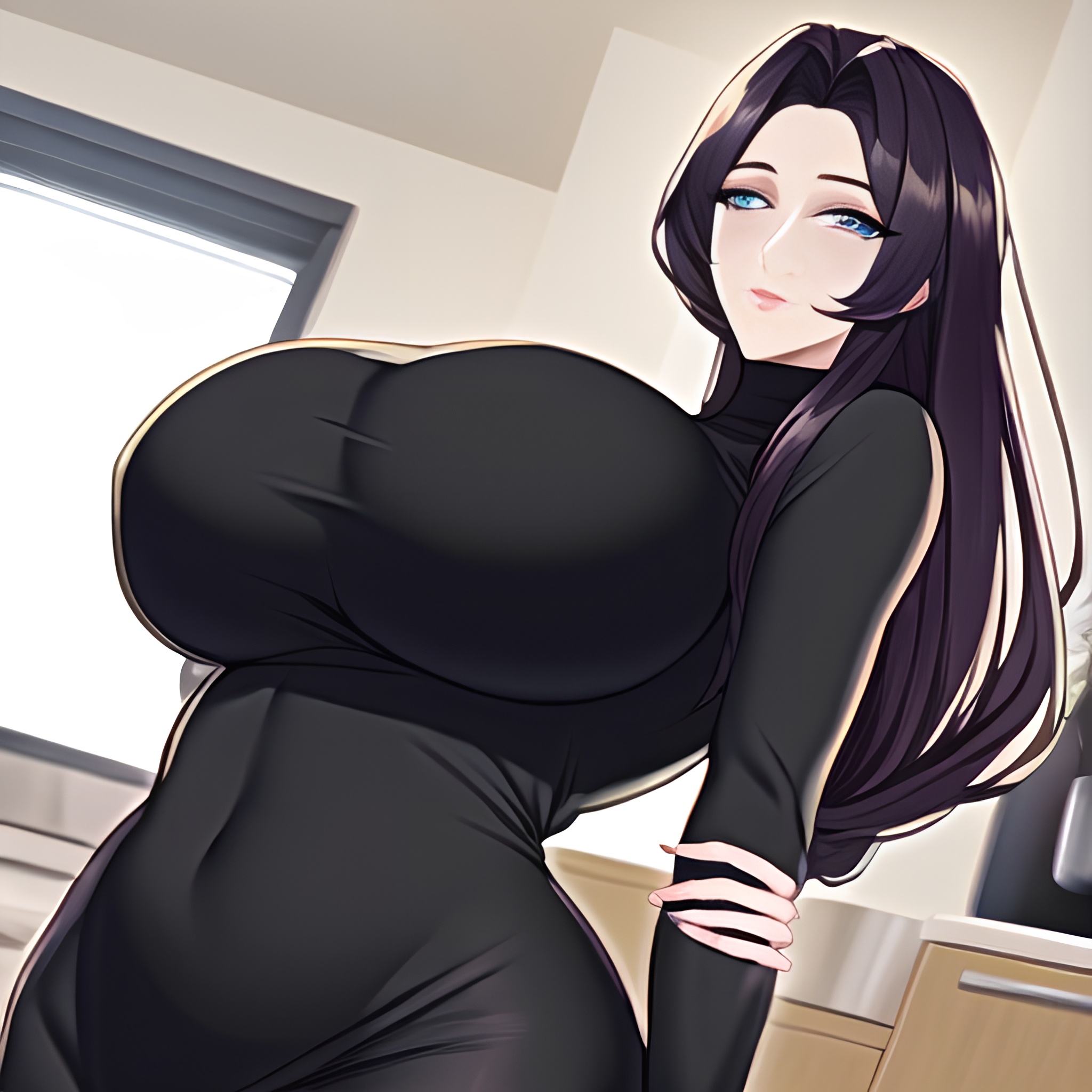 front view nude long hair kitchen woman perfect boobs 