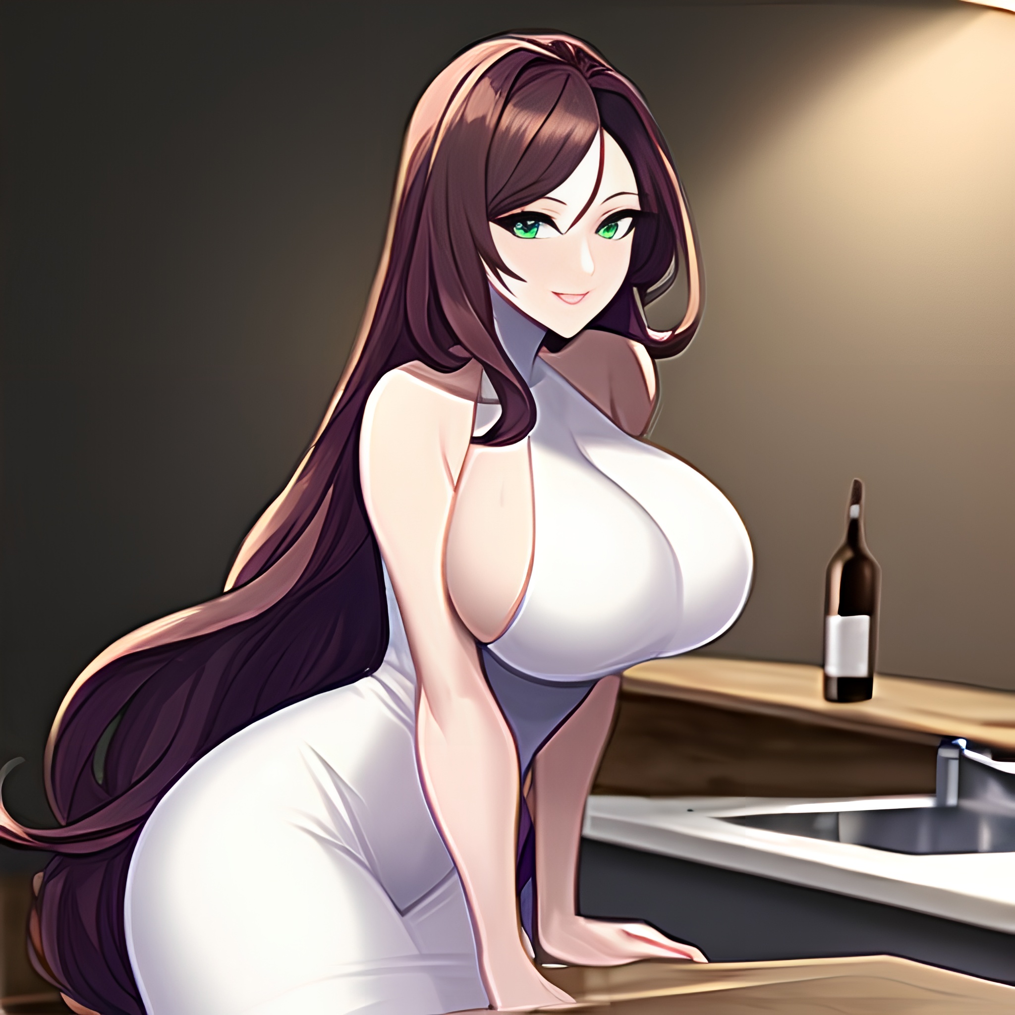 front view nude long hair kitchen woman perfect boobs