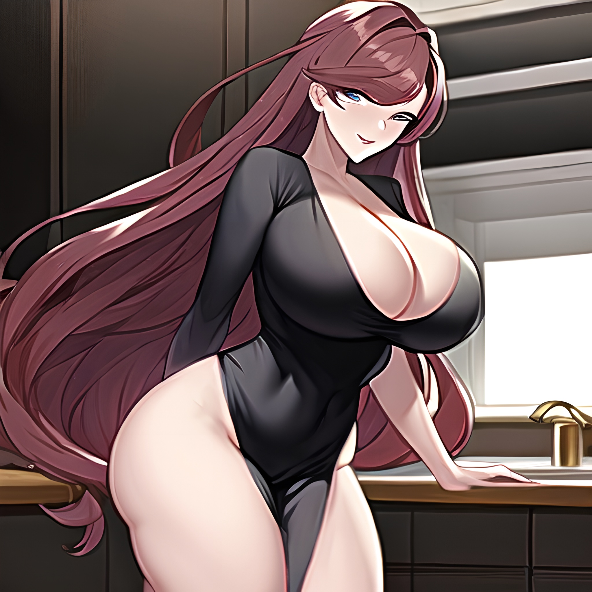 front view nude long hair woman kitchen perfect boobs 