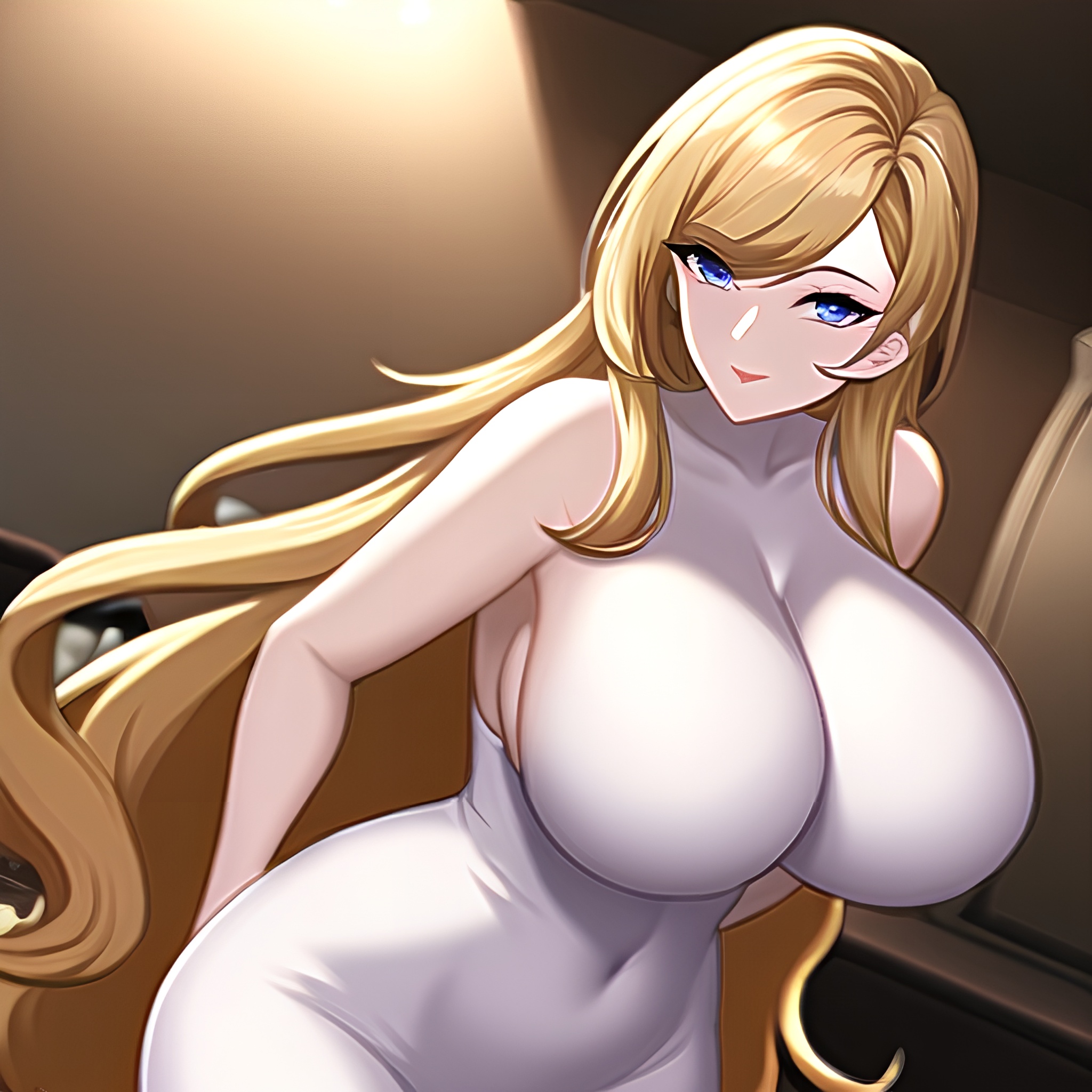 front view nude perfect boobs kitchen long hair woman 