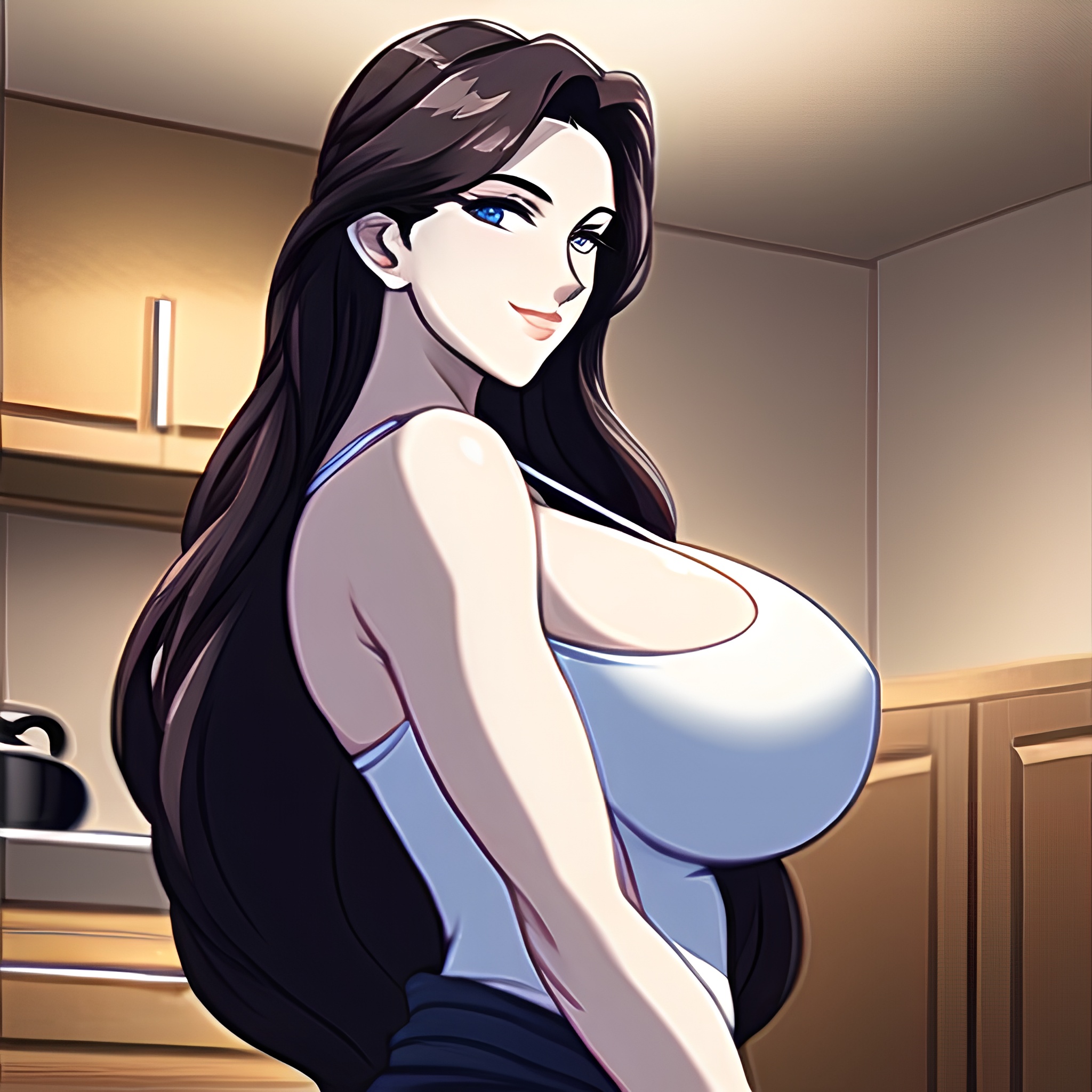 front view nude perfect boobs kitchen long hair woman 