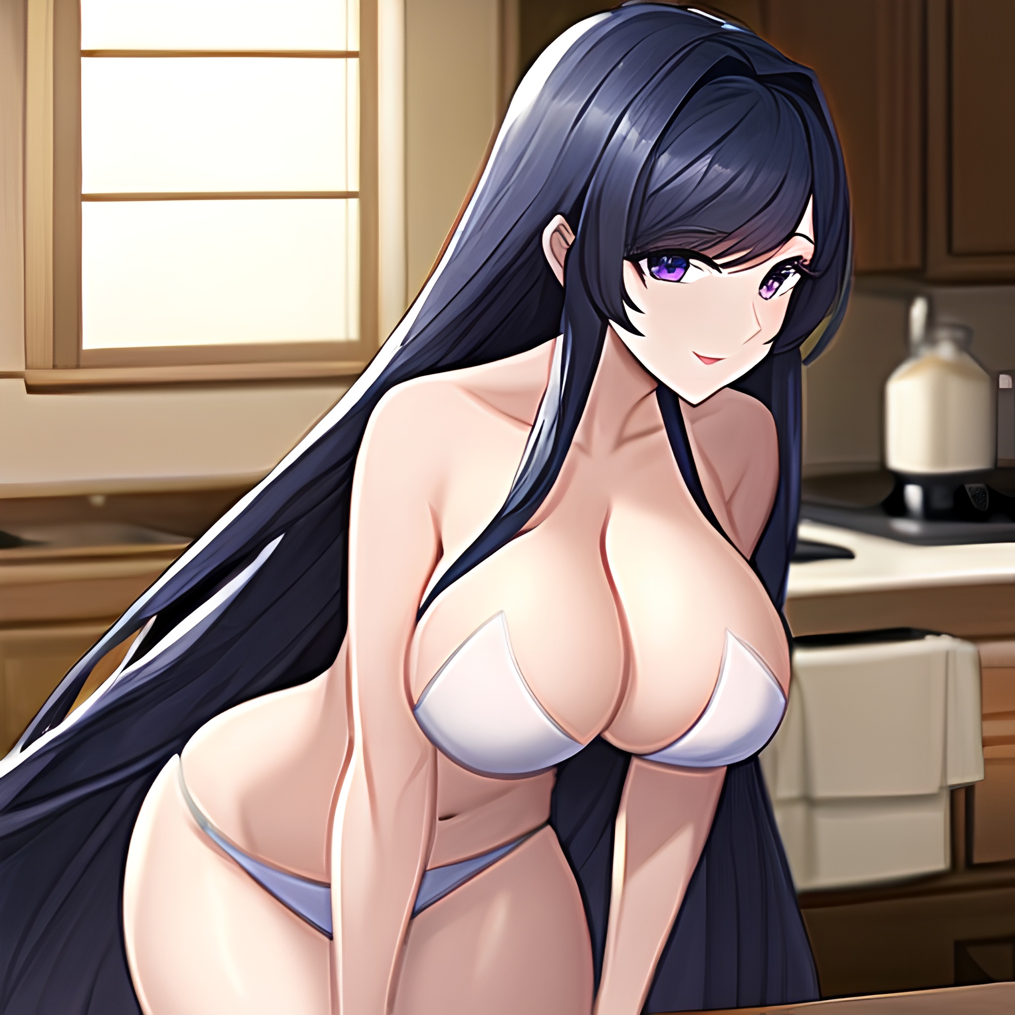 front view nude perfect boobs long hair woman kitchen 