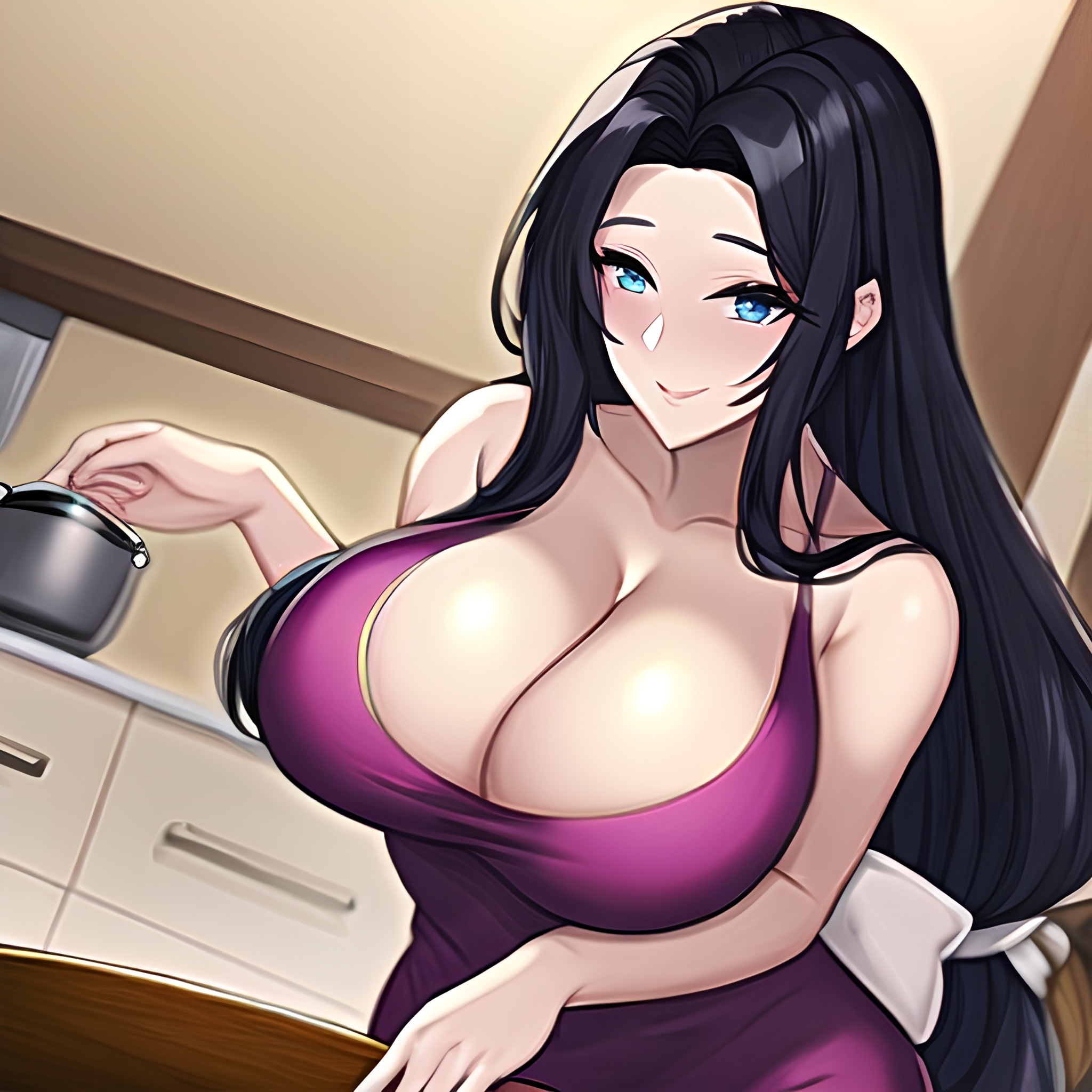 front view nude perfect boobs woman long hair kitchen 