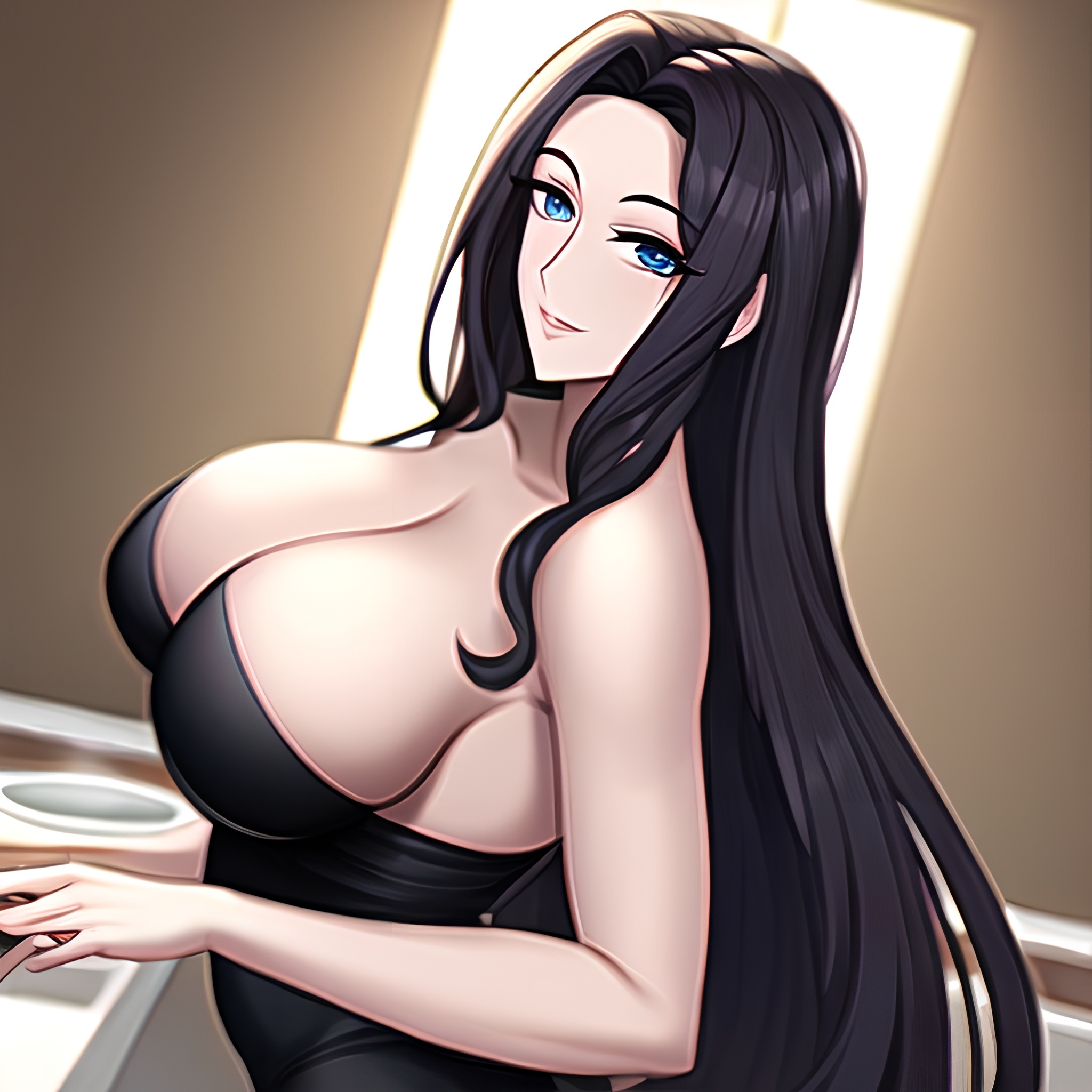 front view nude woman long hair perfect boobs kitchen 