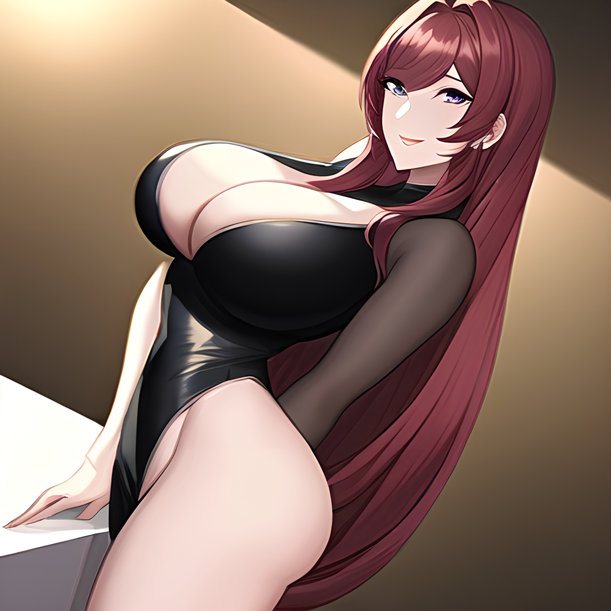 front view nude woman perfect boobs long hair kitchen 