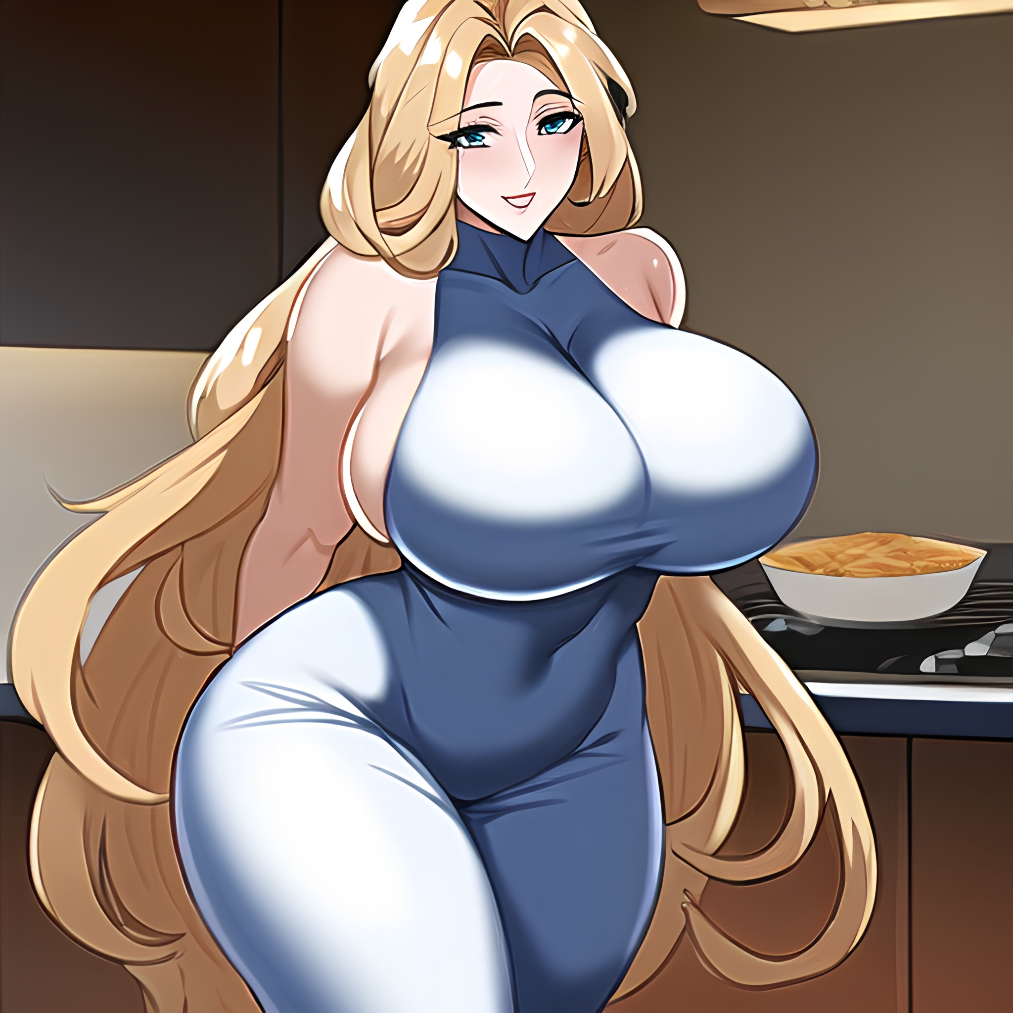 front view perfect boobs kitchen long hair woman nude 