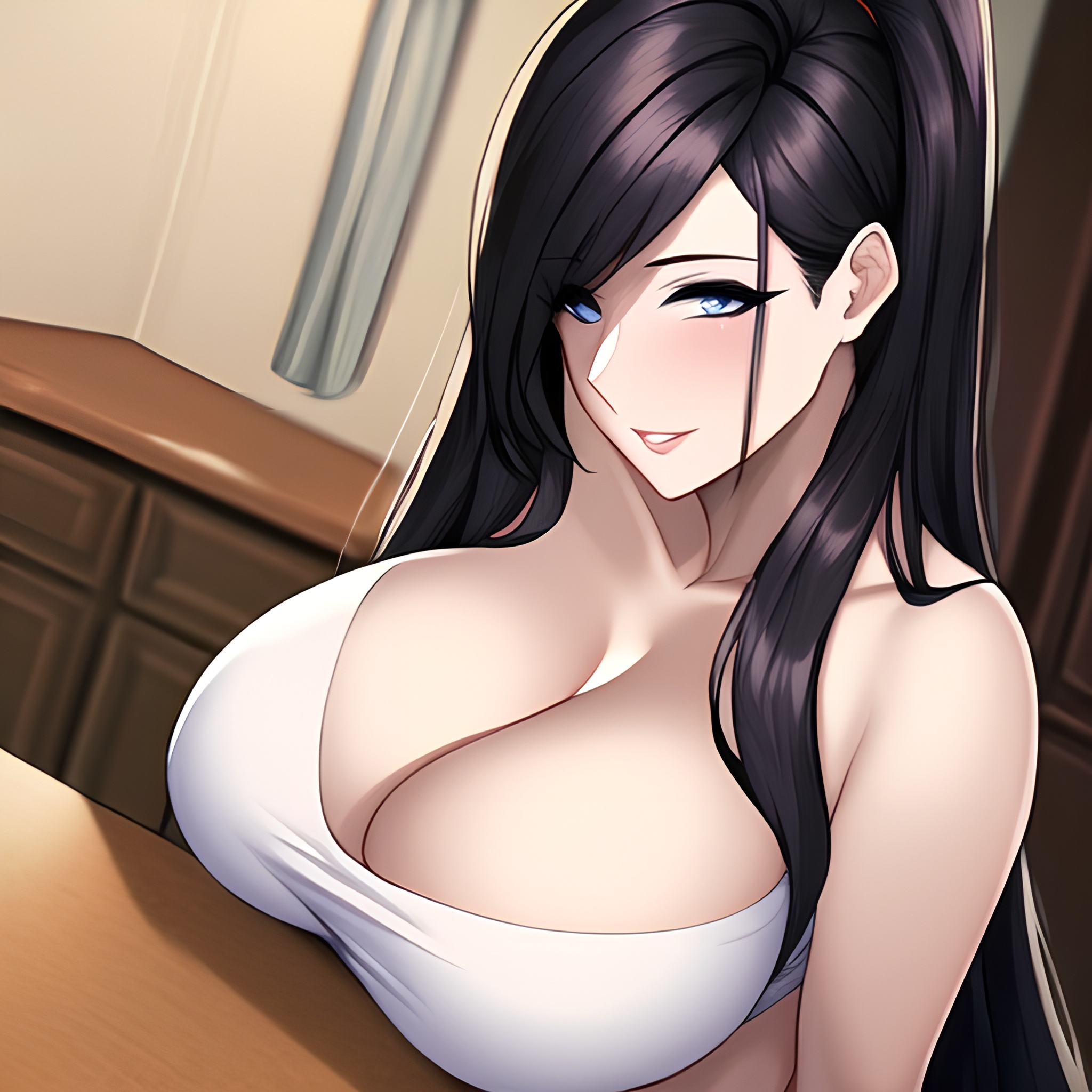 front view perfect boobs kitchen nude woman long hair 