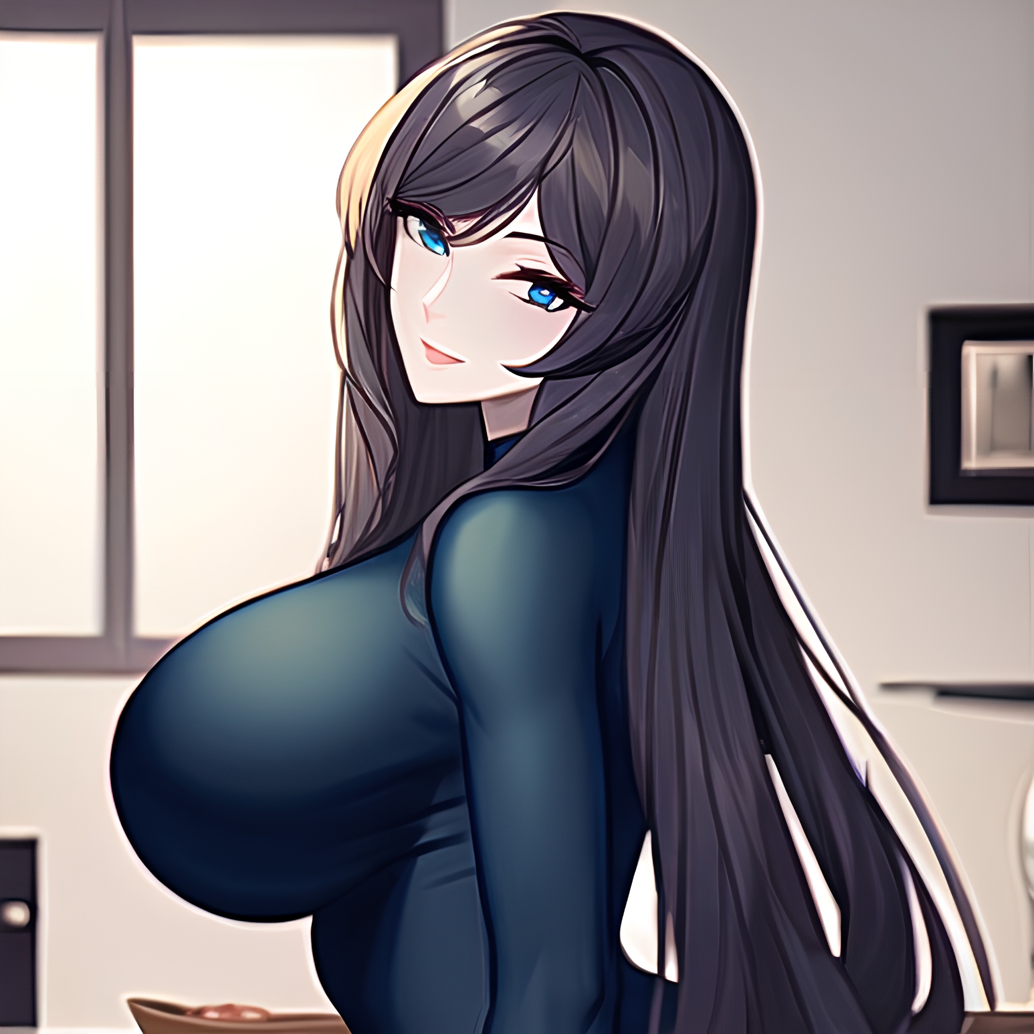 front view perfect boobs long hair kitchen nude woman 