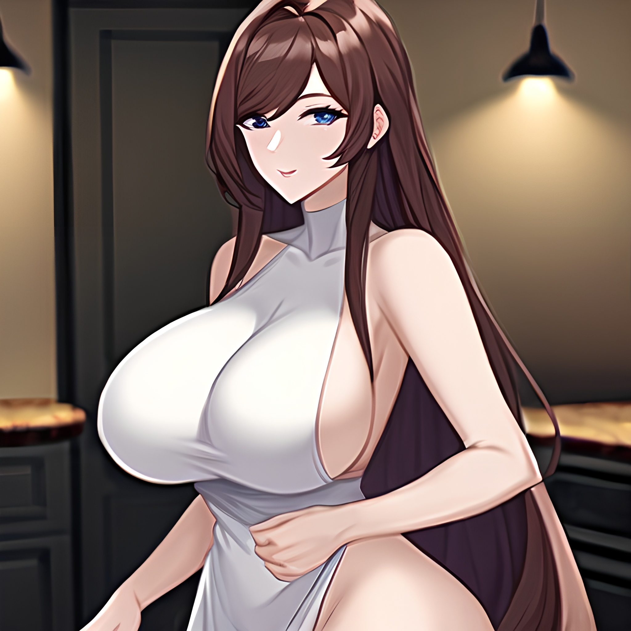 front view perfect boobs long hair kitchen nude woman 