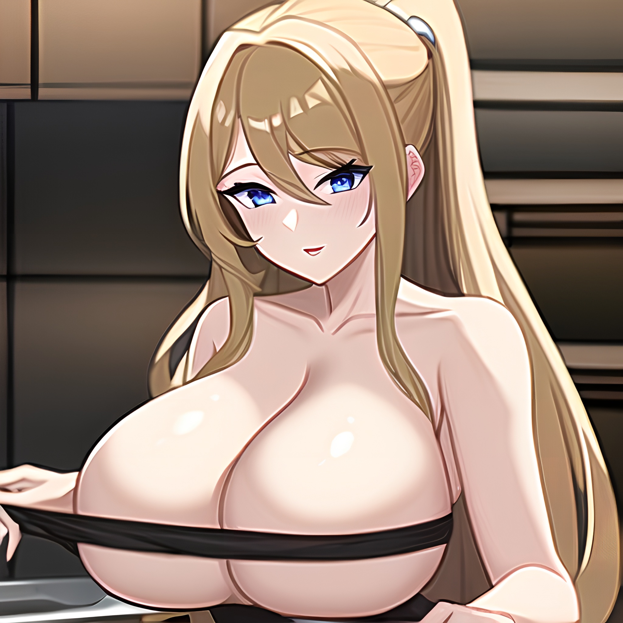 front view perfect boobs long hair nude woman kitchen 