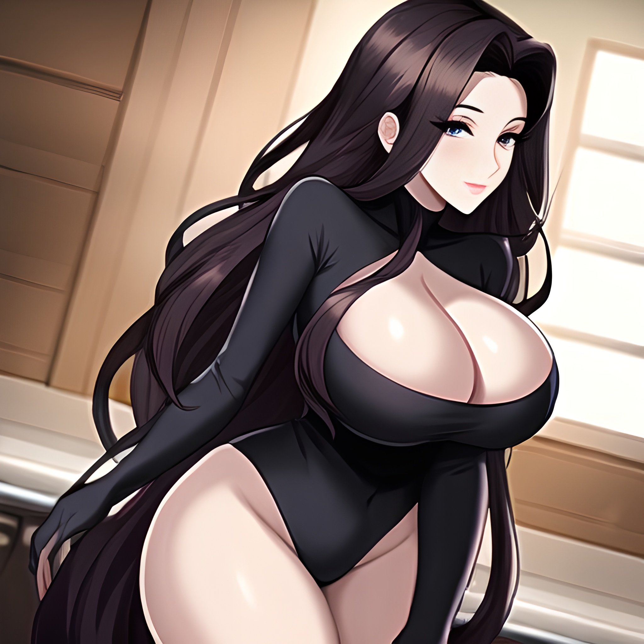 front view perfect boobs nude long hair woman kitchen 