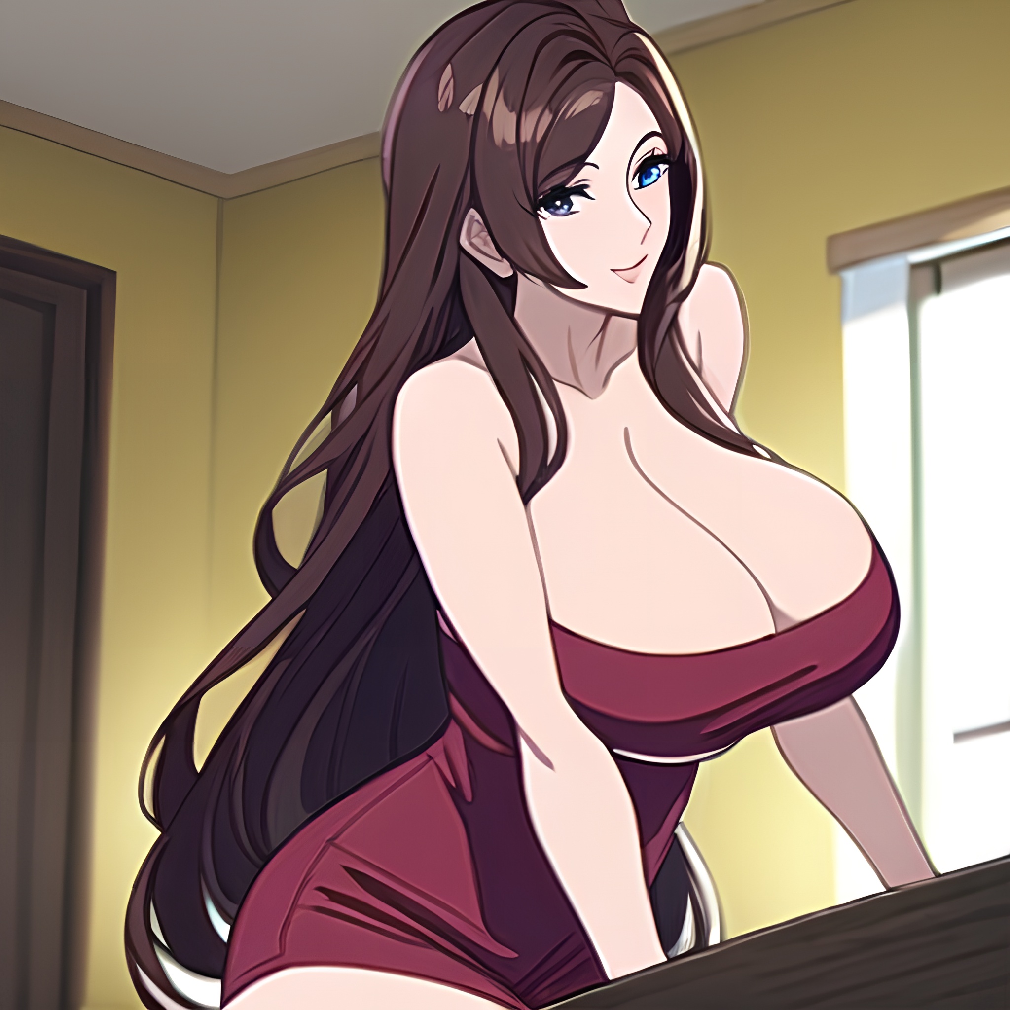 front view perfect boobs nude woman long hair kitchen 