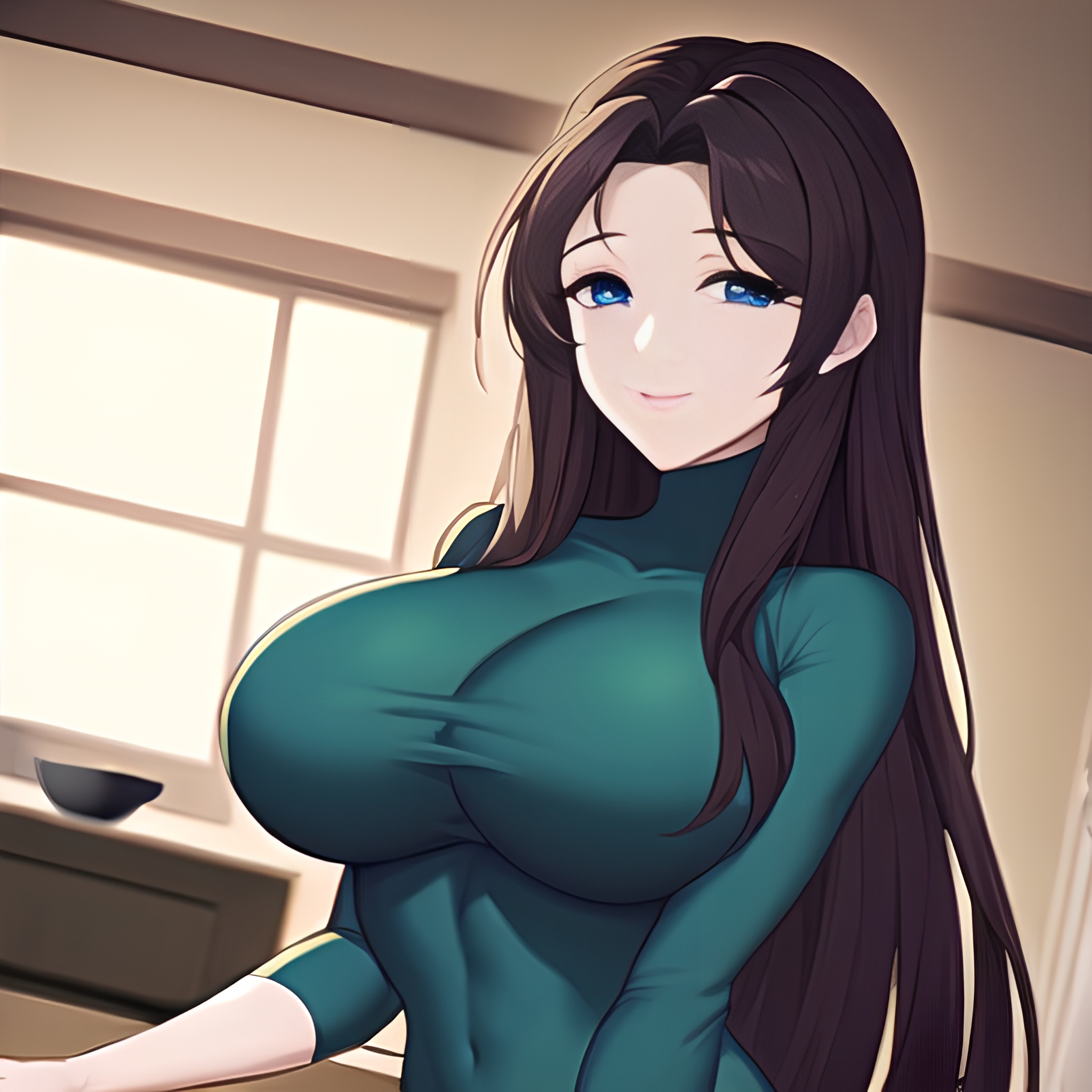 front view perfect boobs woman long hair kitchen nude 