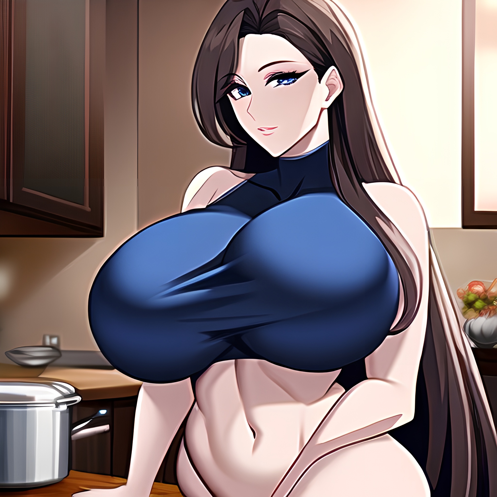 front view perfect boobs woman long hair nude kitchen 