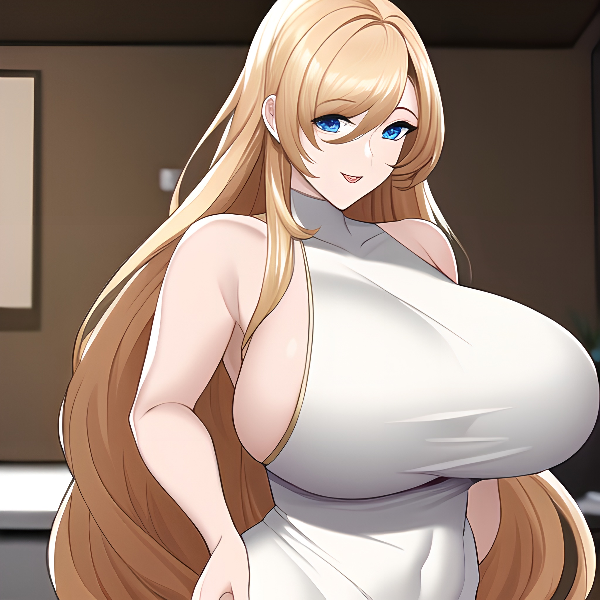 front view perfect boobs woman nude kitchen long hair 