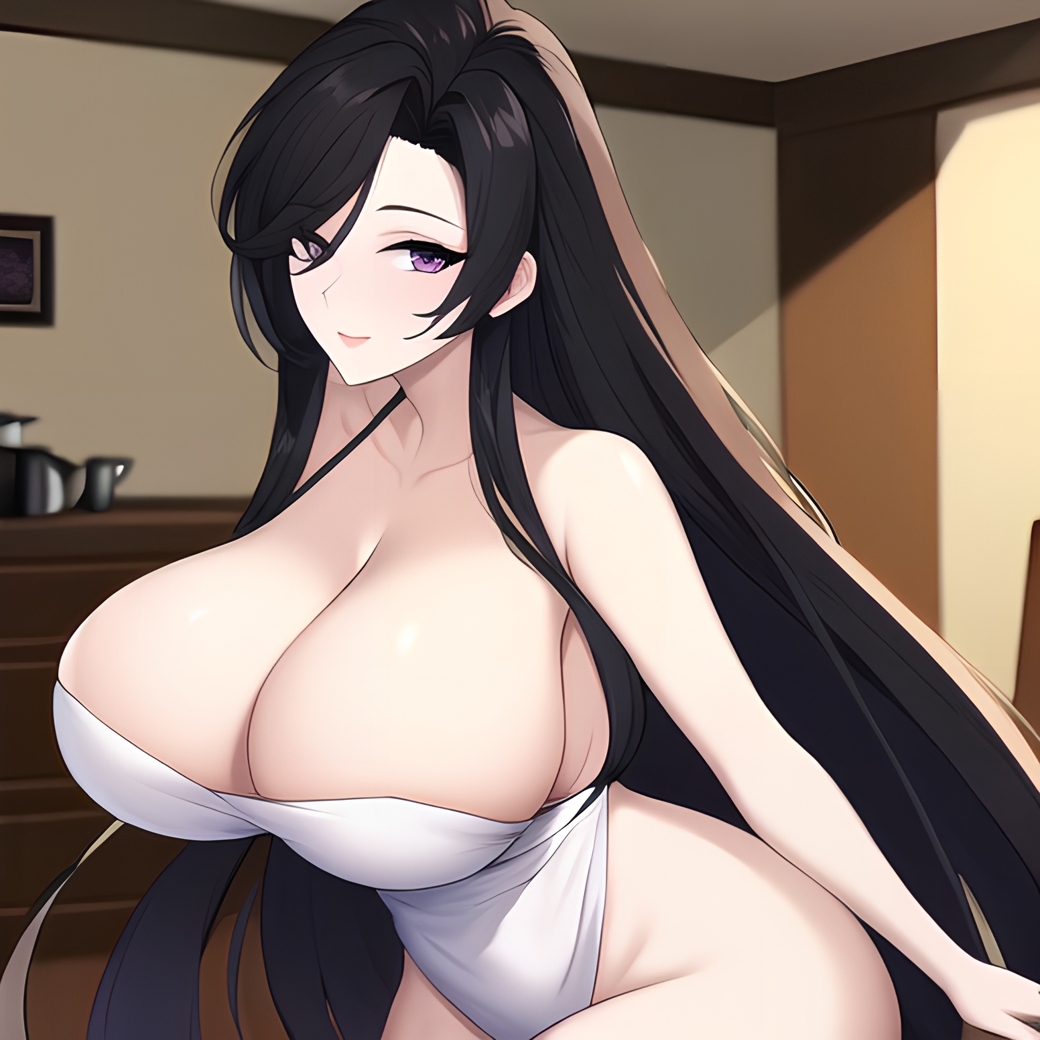 front view woman kitchen long hair nude perfect boobs