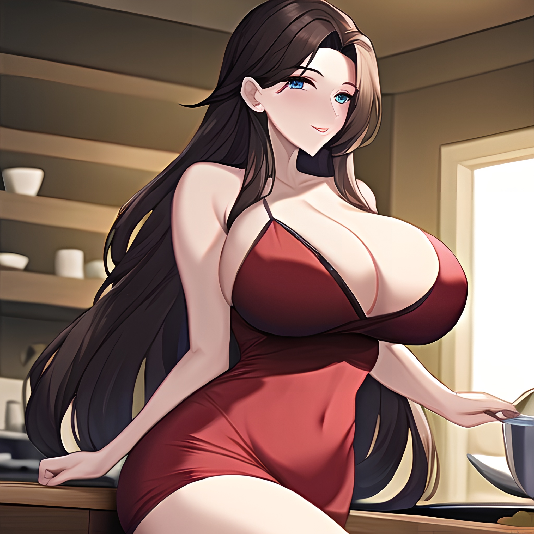 front view woman kitchen perfect boobs long hair nude 