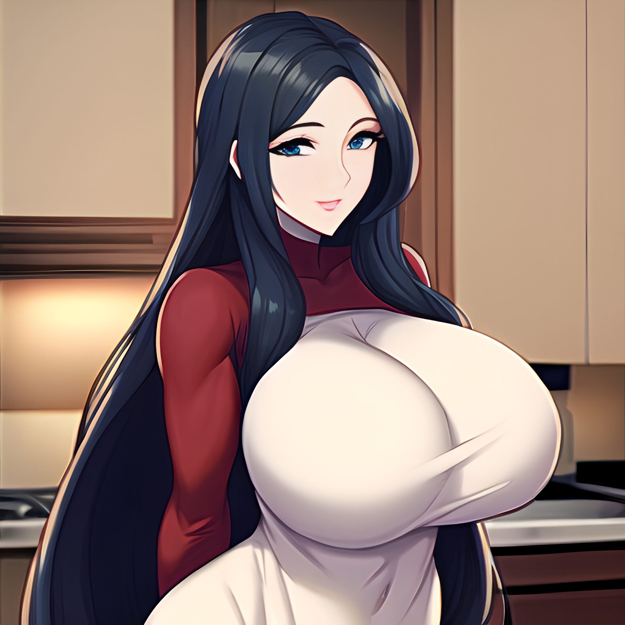 front view woman long hair nude perfect boobs kitchen