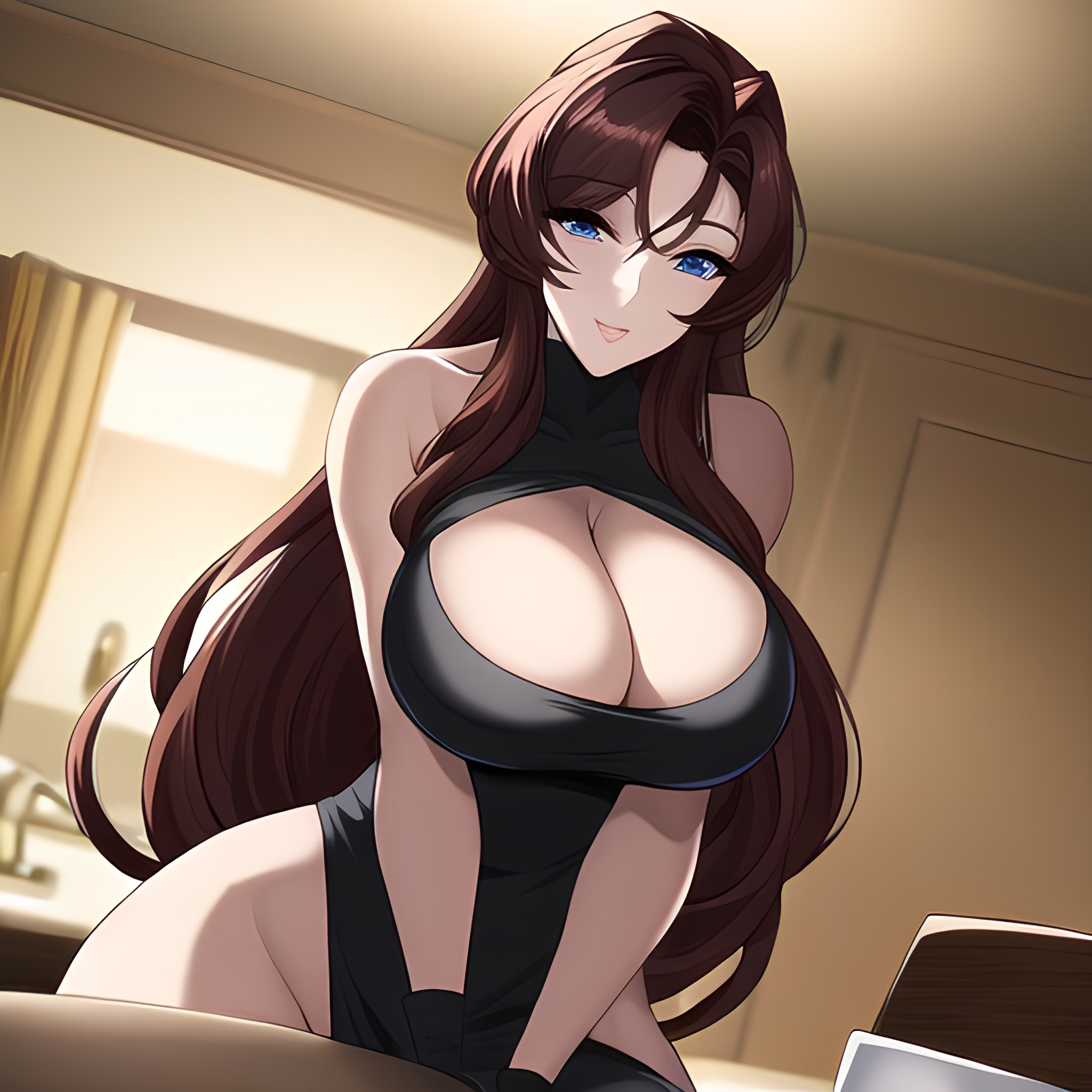 front view woman long hair perfect boobs kitchen nude 