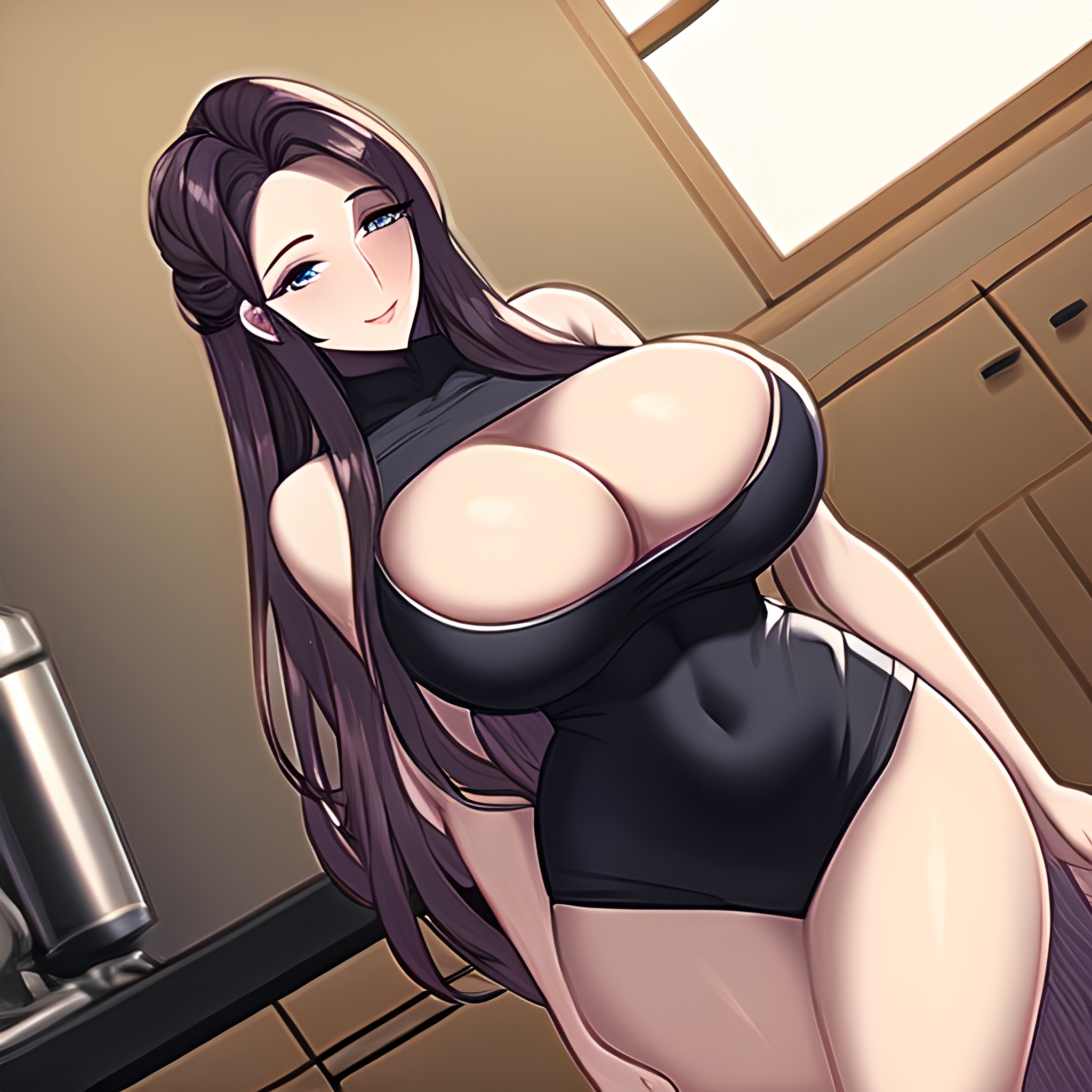 front view woman nude kitchen long hair perfect boobs 