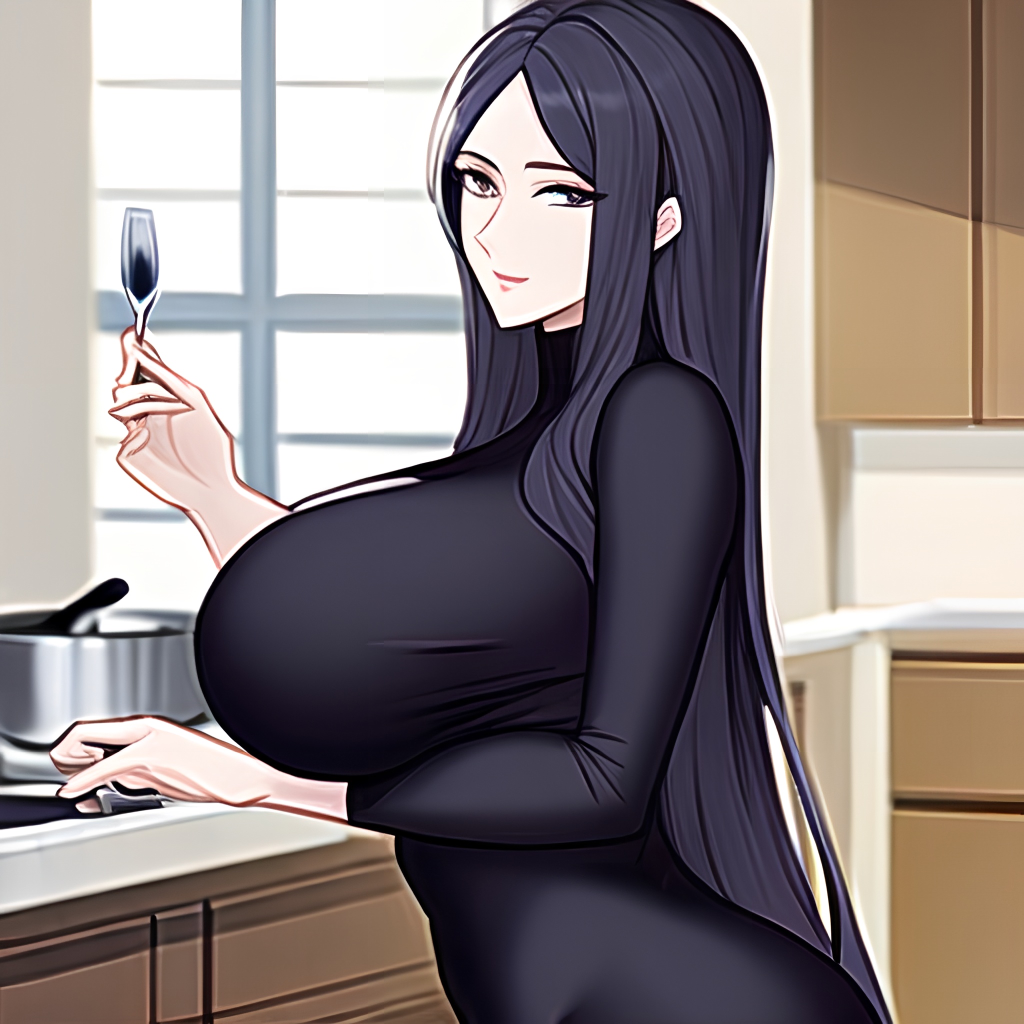 front view woman nude long hair kitchen perfect boobs 