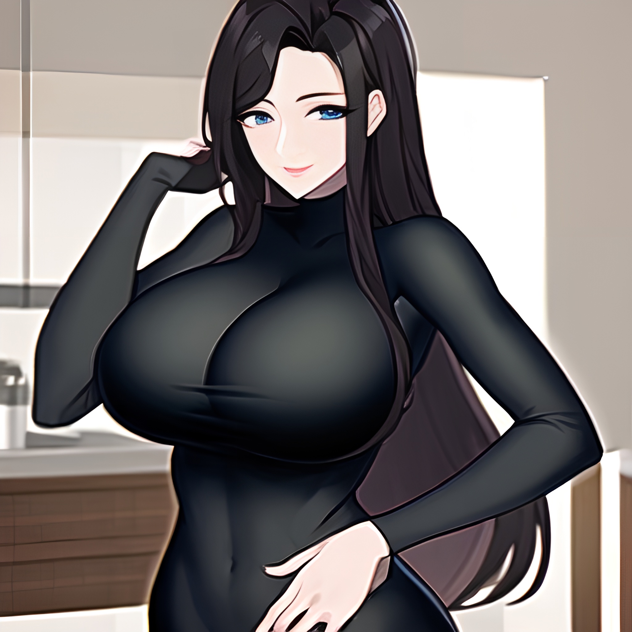 front view woman perfect boobs long hair nude kitchen 