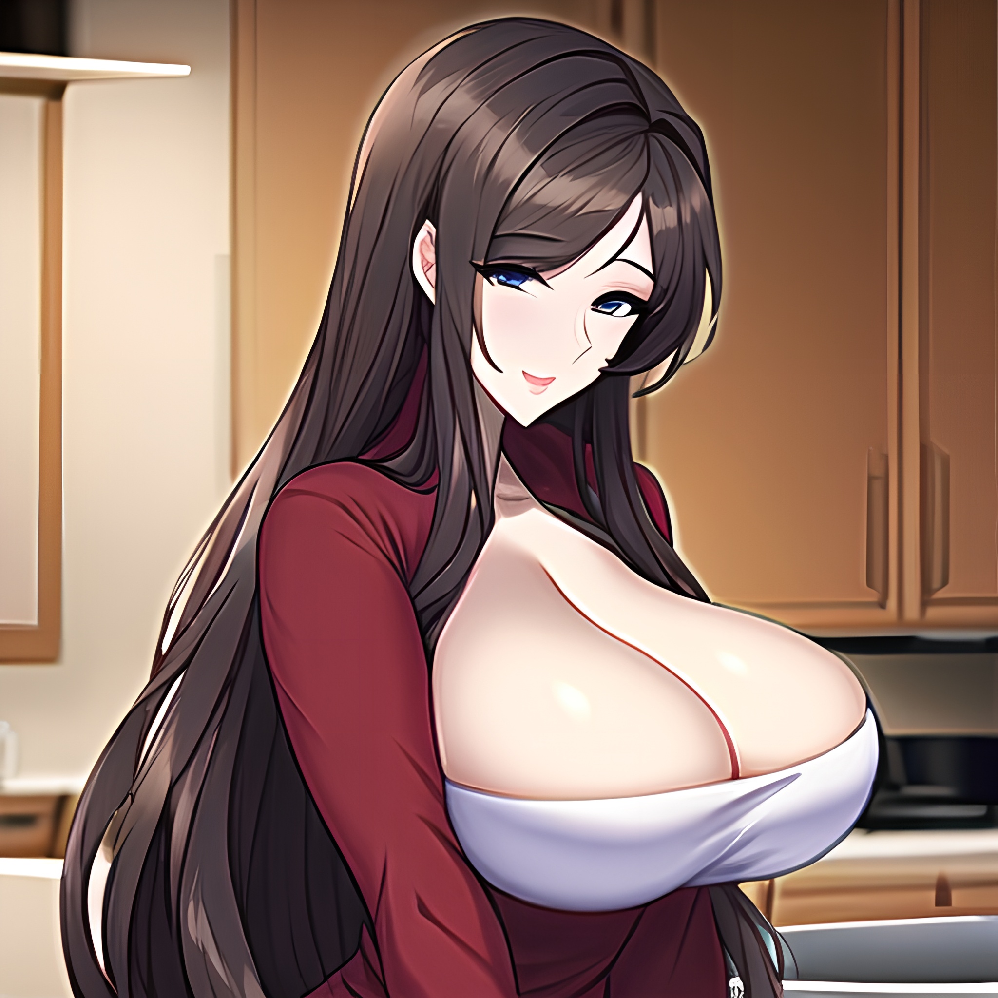 front view woman perfect boobs nude long hair kitchen 