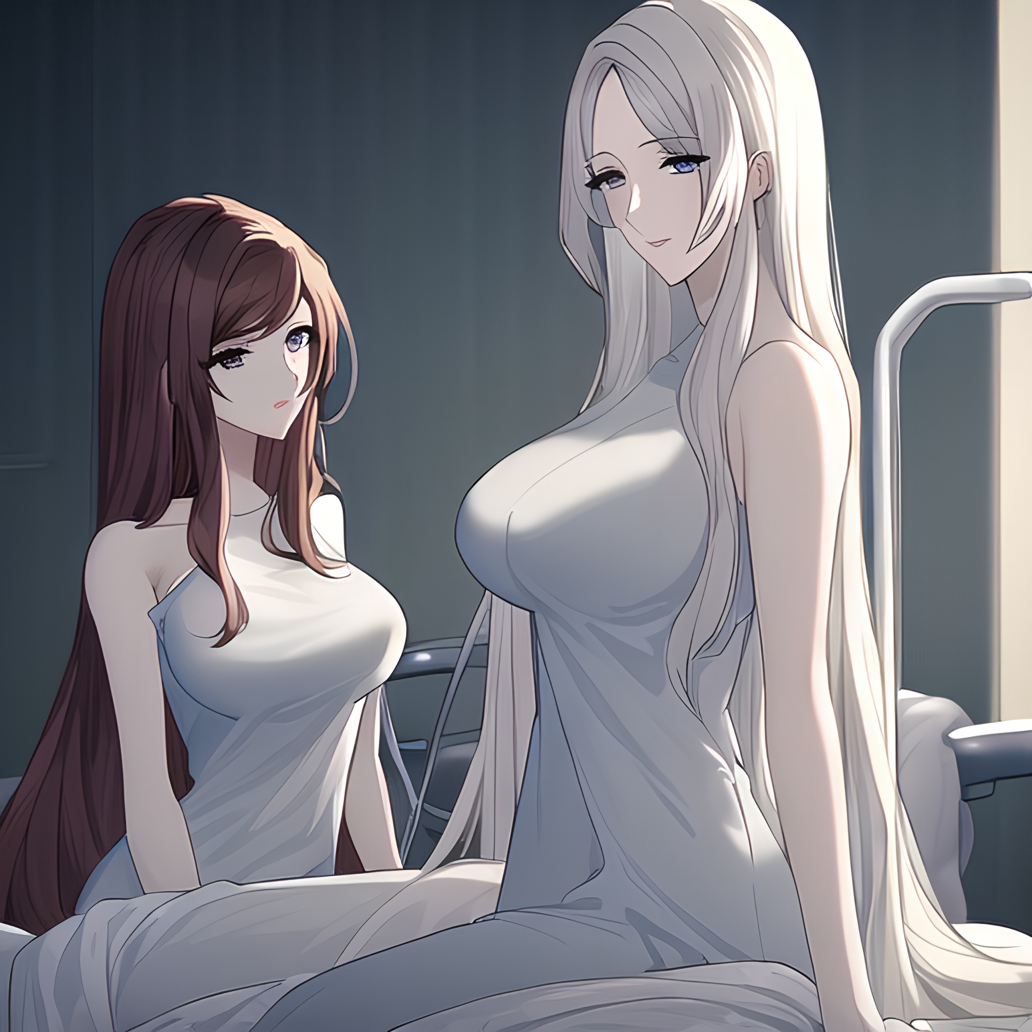 hospital long hair nude woman small boobs front view 