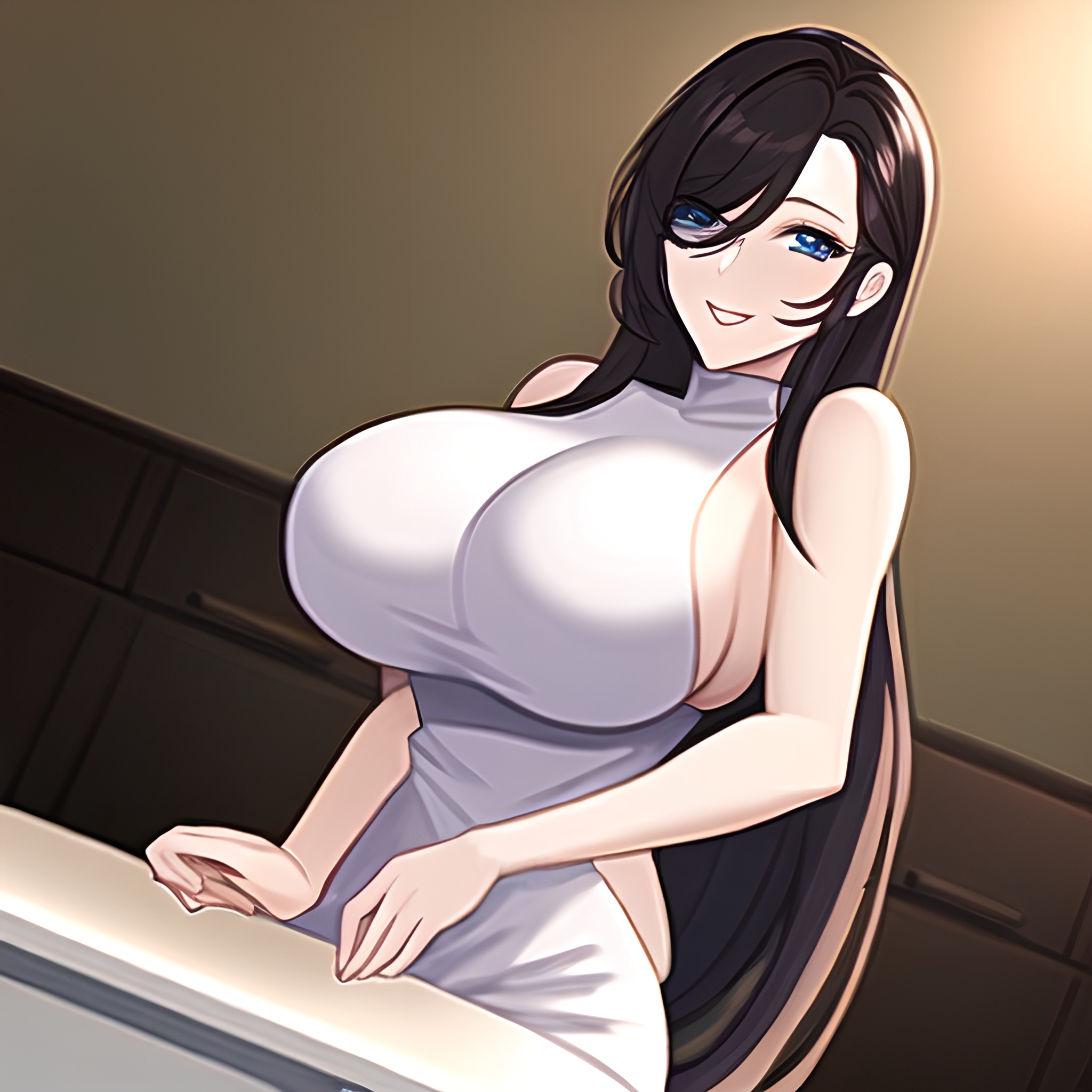 kitchen front view long hair woman perfect boobs nude