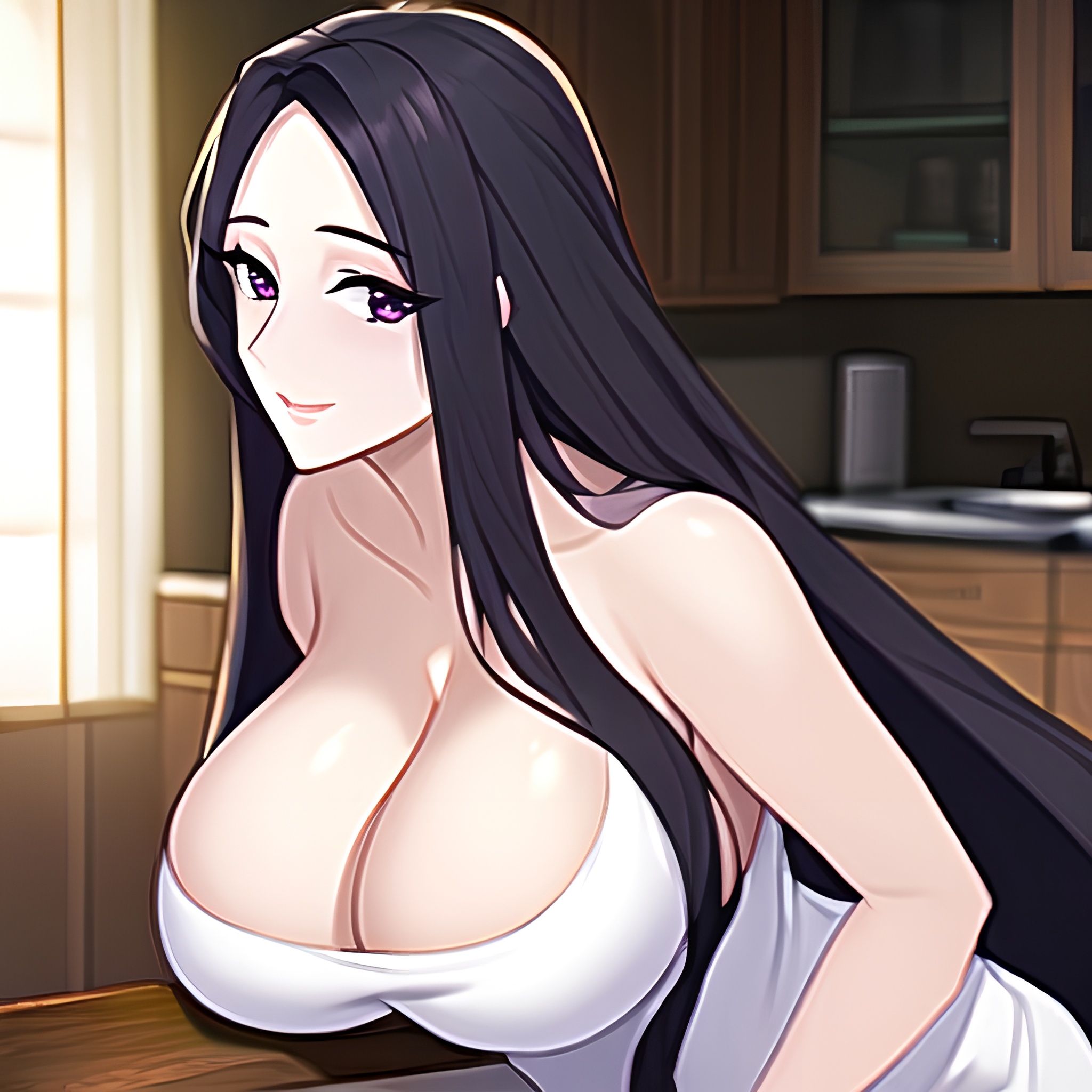 kitchen front view long hair woman perfect boobs nude 