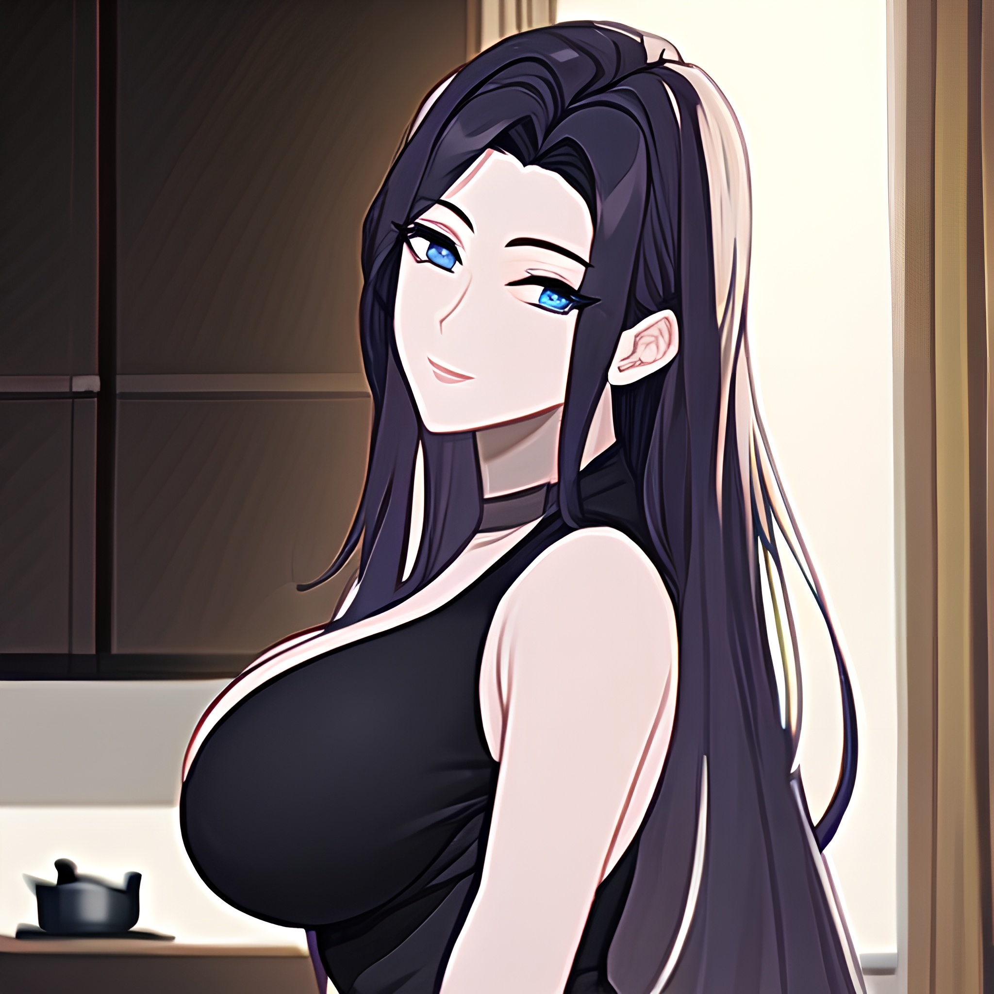 kitchen front view nude long hair perfect boobs woman