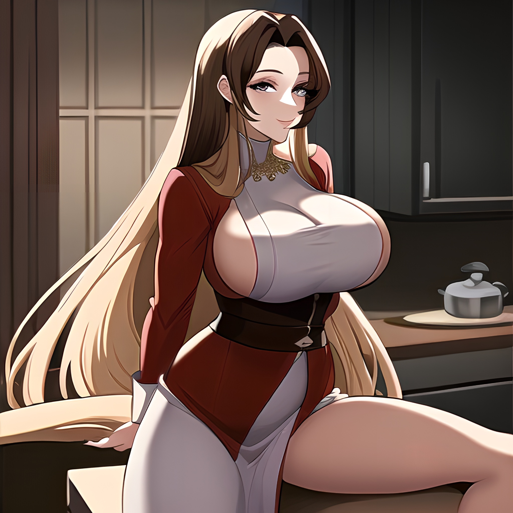 kitchen front view nude perfect boobs long hair woman