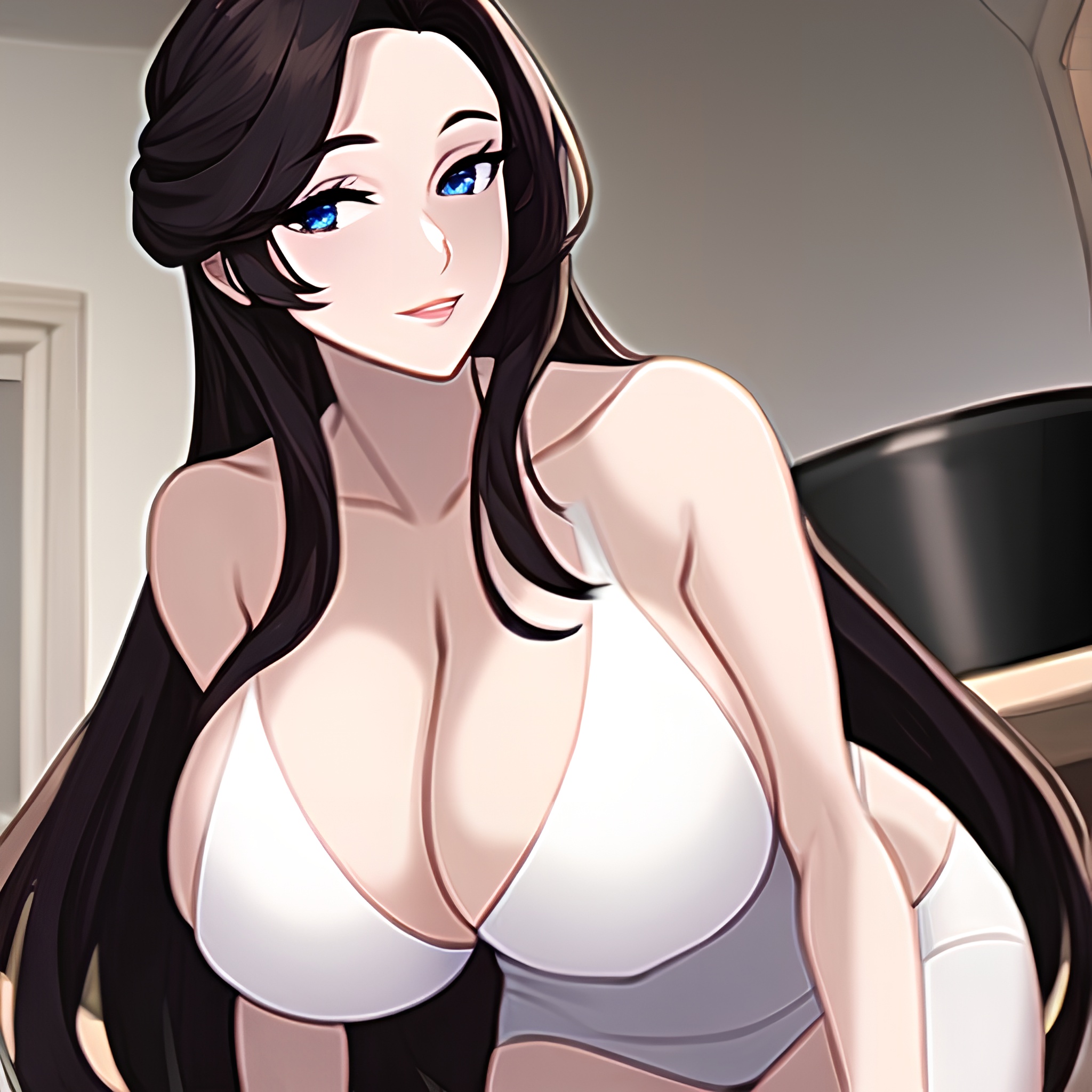 kitchen front view nude woman perfect boobs long hair