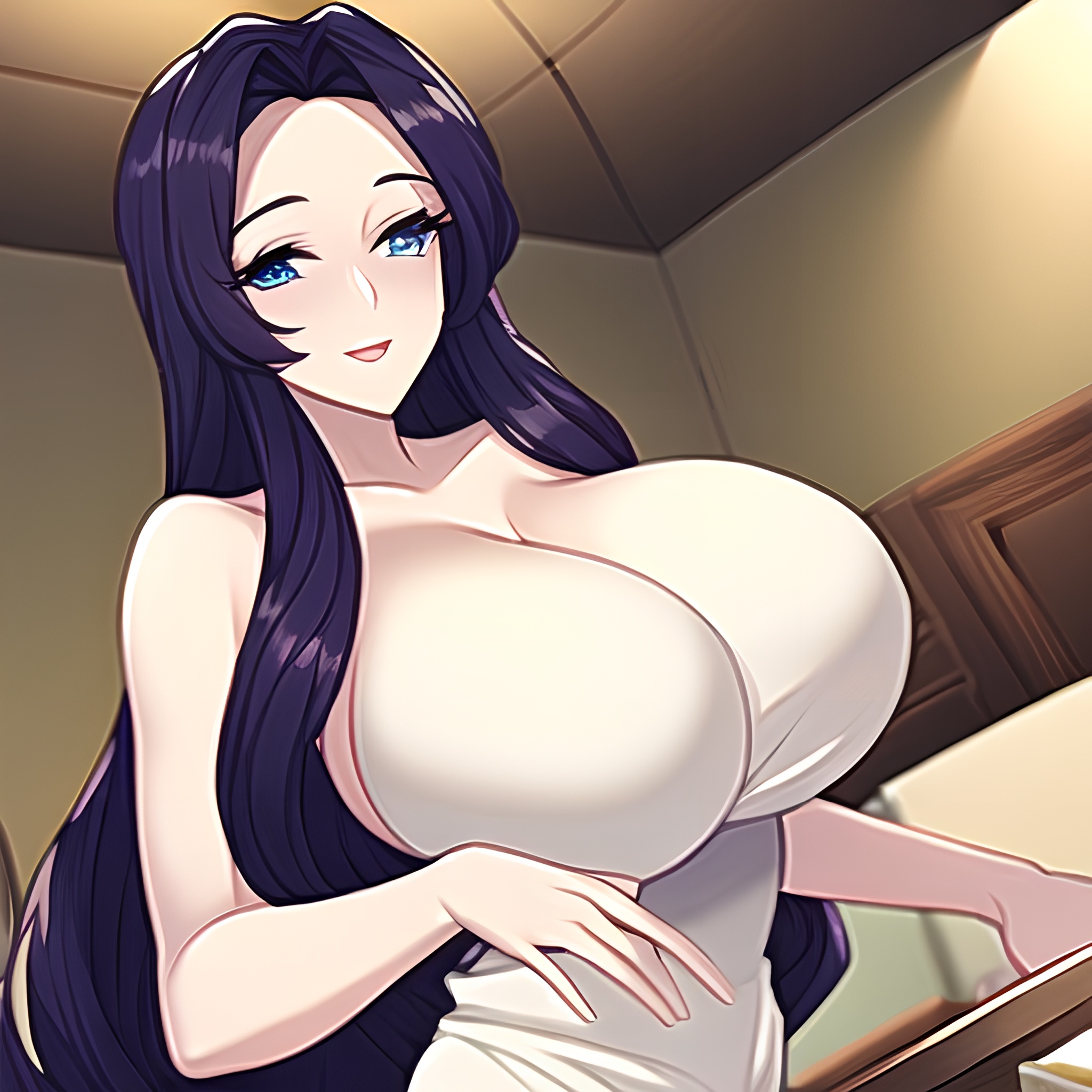 kitchen front view perfect boobs long hair woman nude 