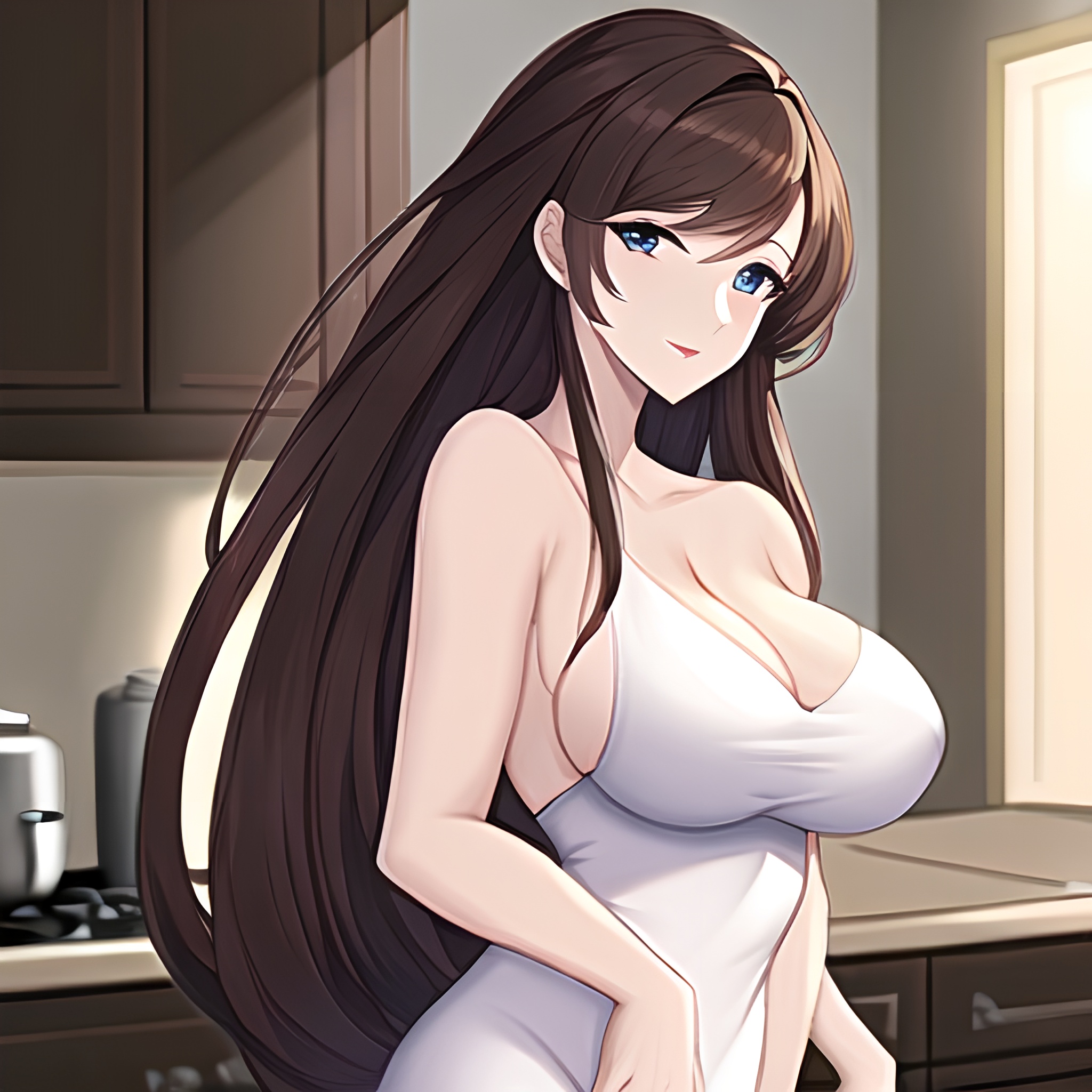 kitchen front view perfect boobs nude long hair woman 