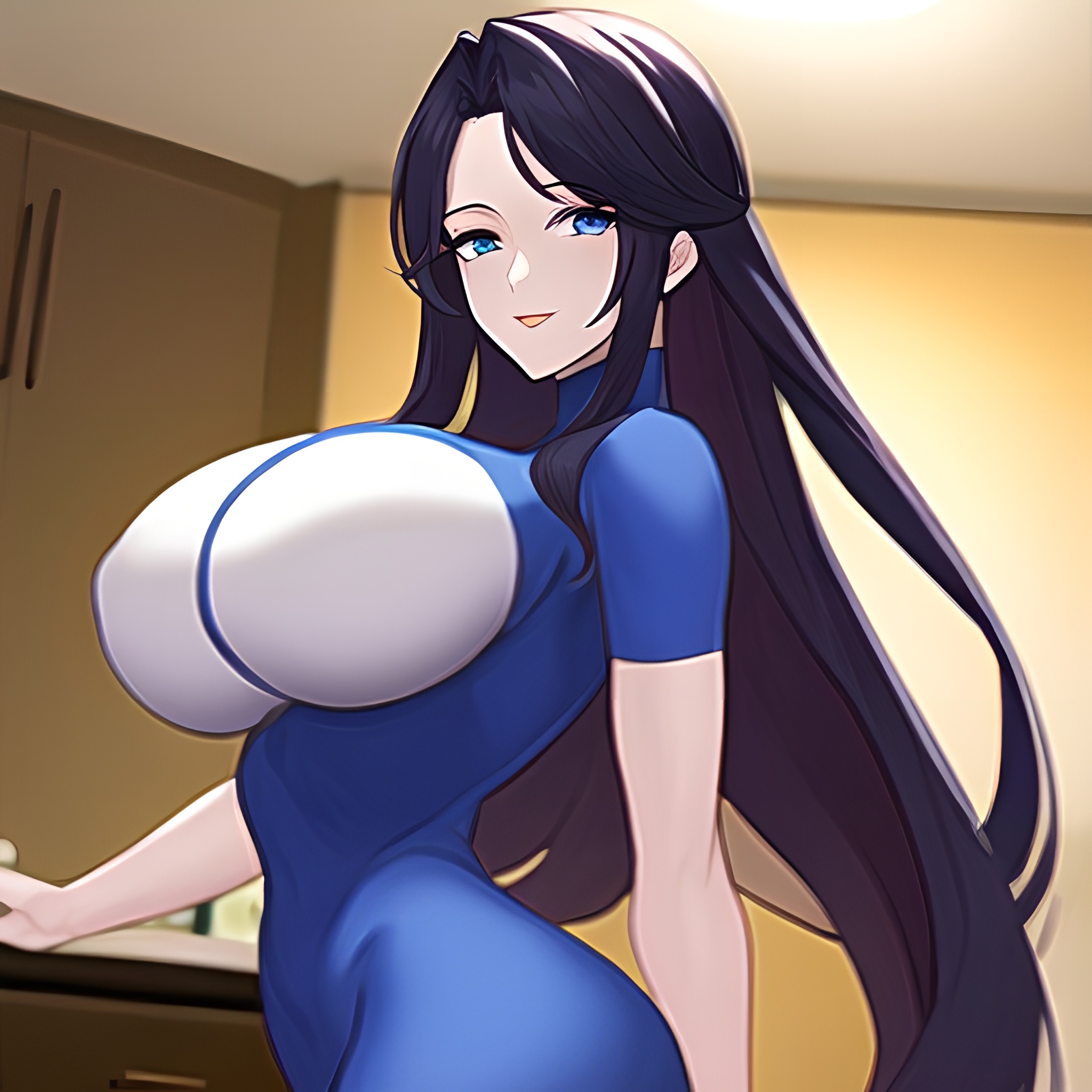 kitchen front view perfect boobs nude woman long hair 