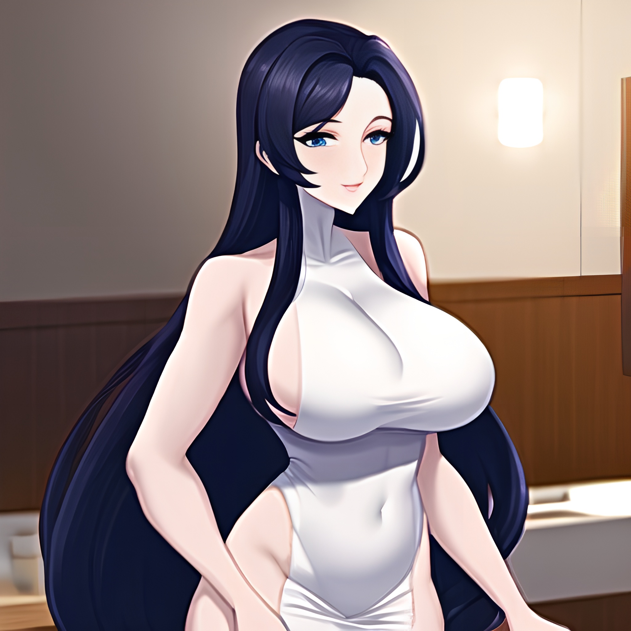 kitchen front view perfect boobs woman long hair nude 