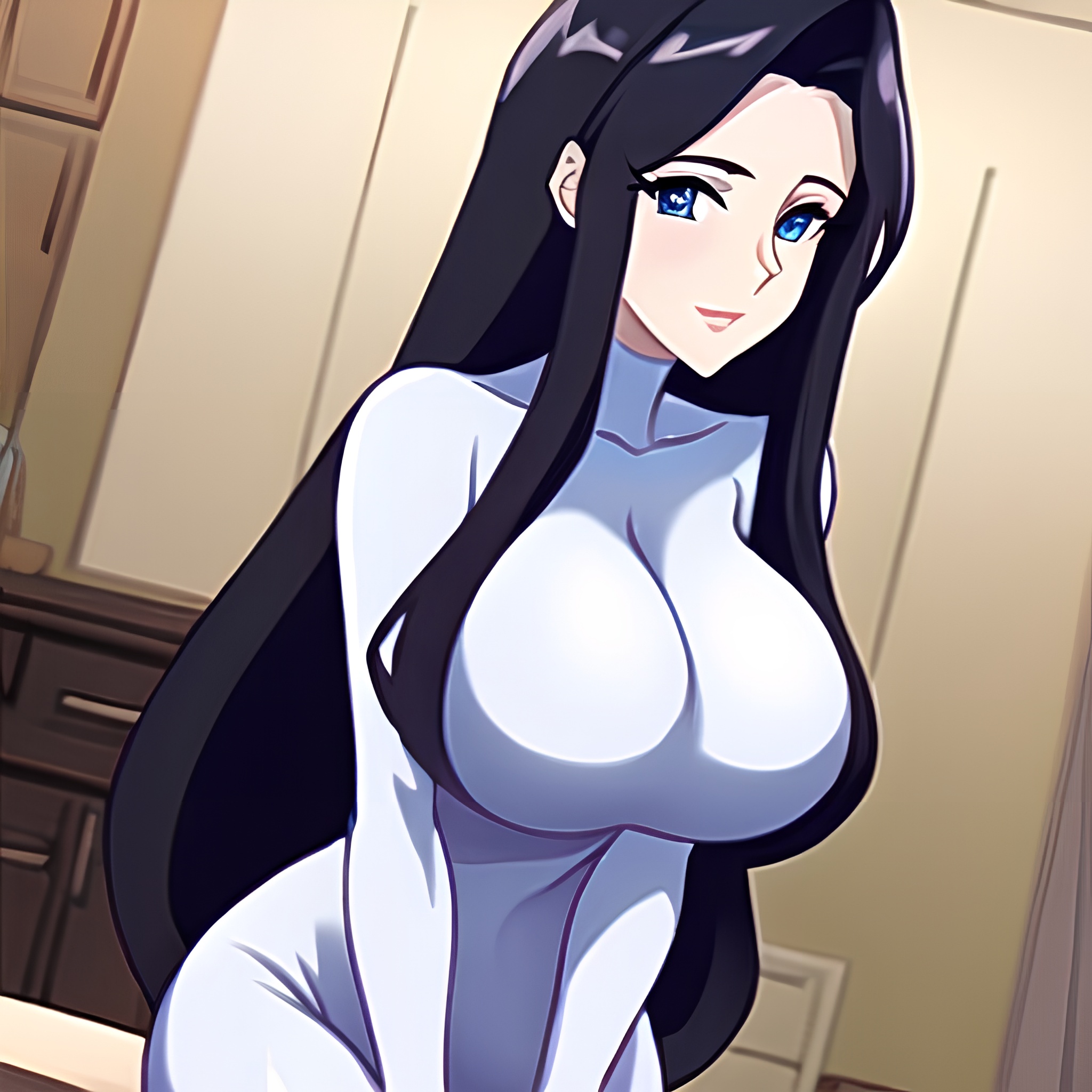 kitchen front view perfect boobs woman nude long hair 