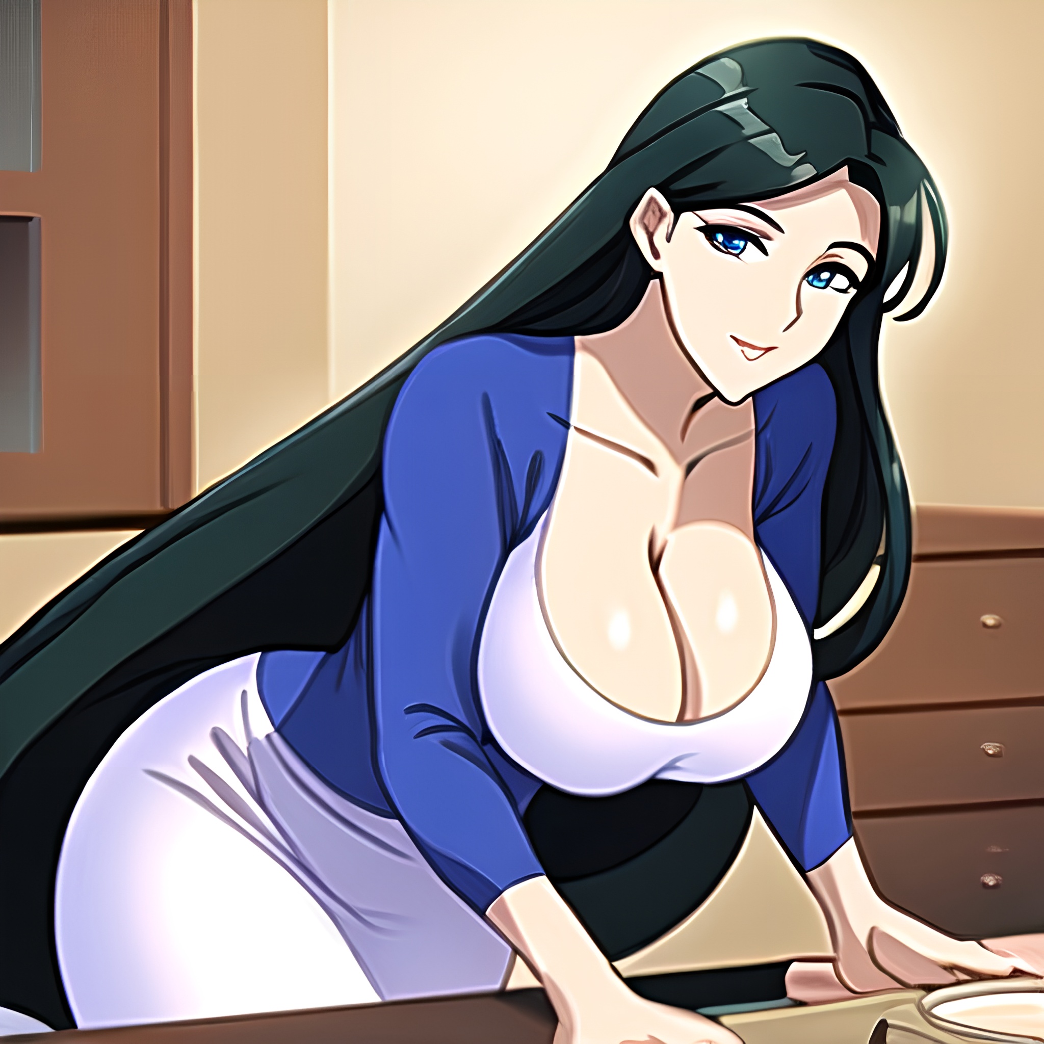 kitchen front view woman long hair nude perfect boobs 