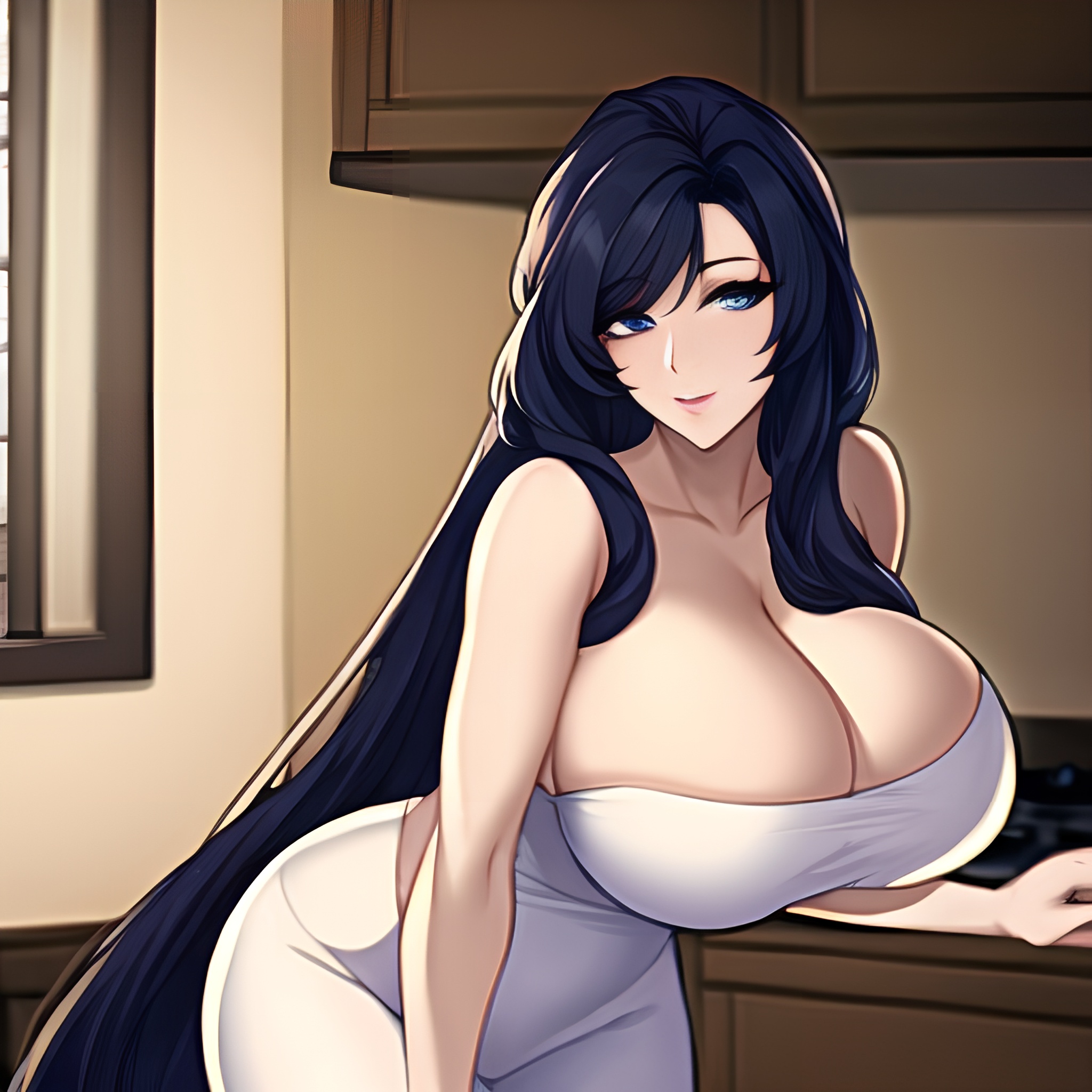 kitchen front view woman perfect boobs long hair nude 