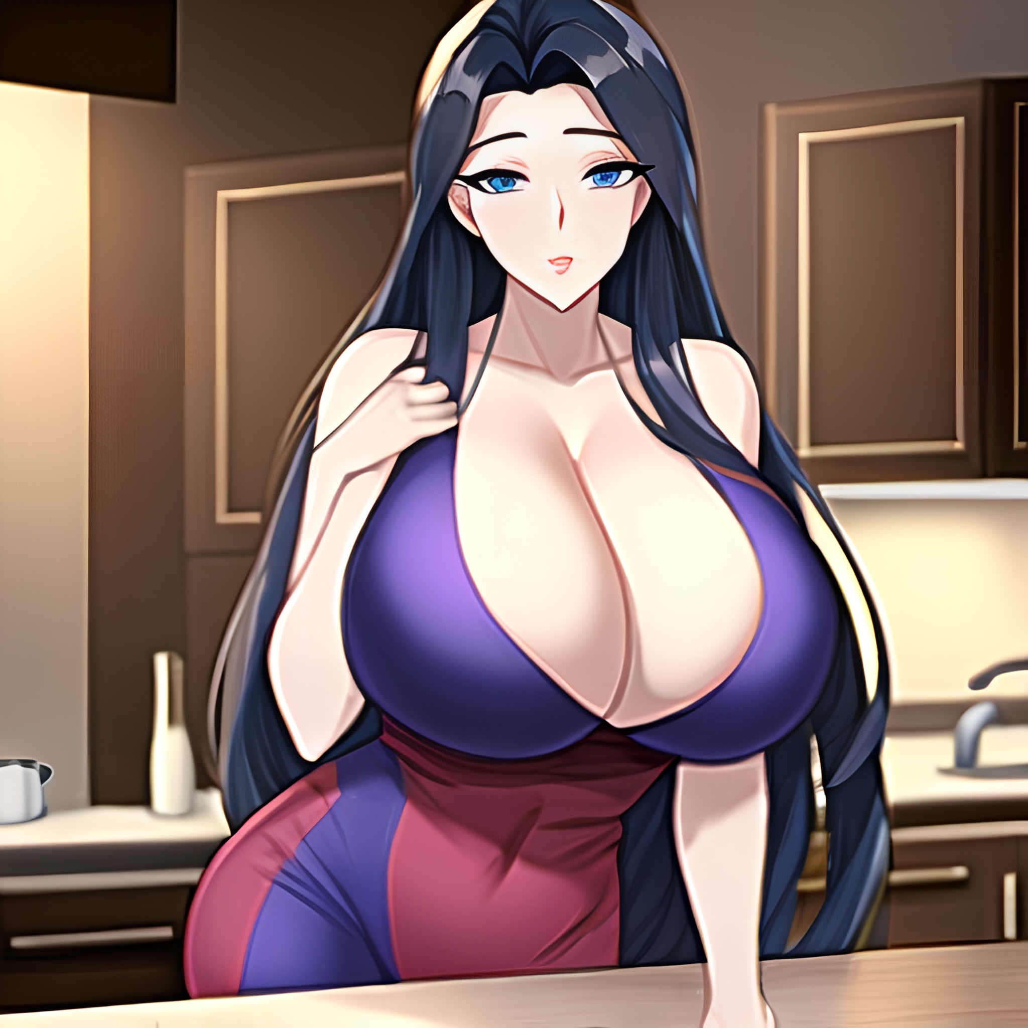 kitchen front view woman perfect boobs long hair nude 