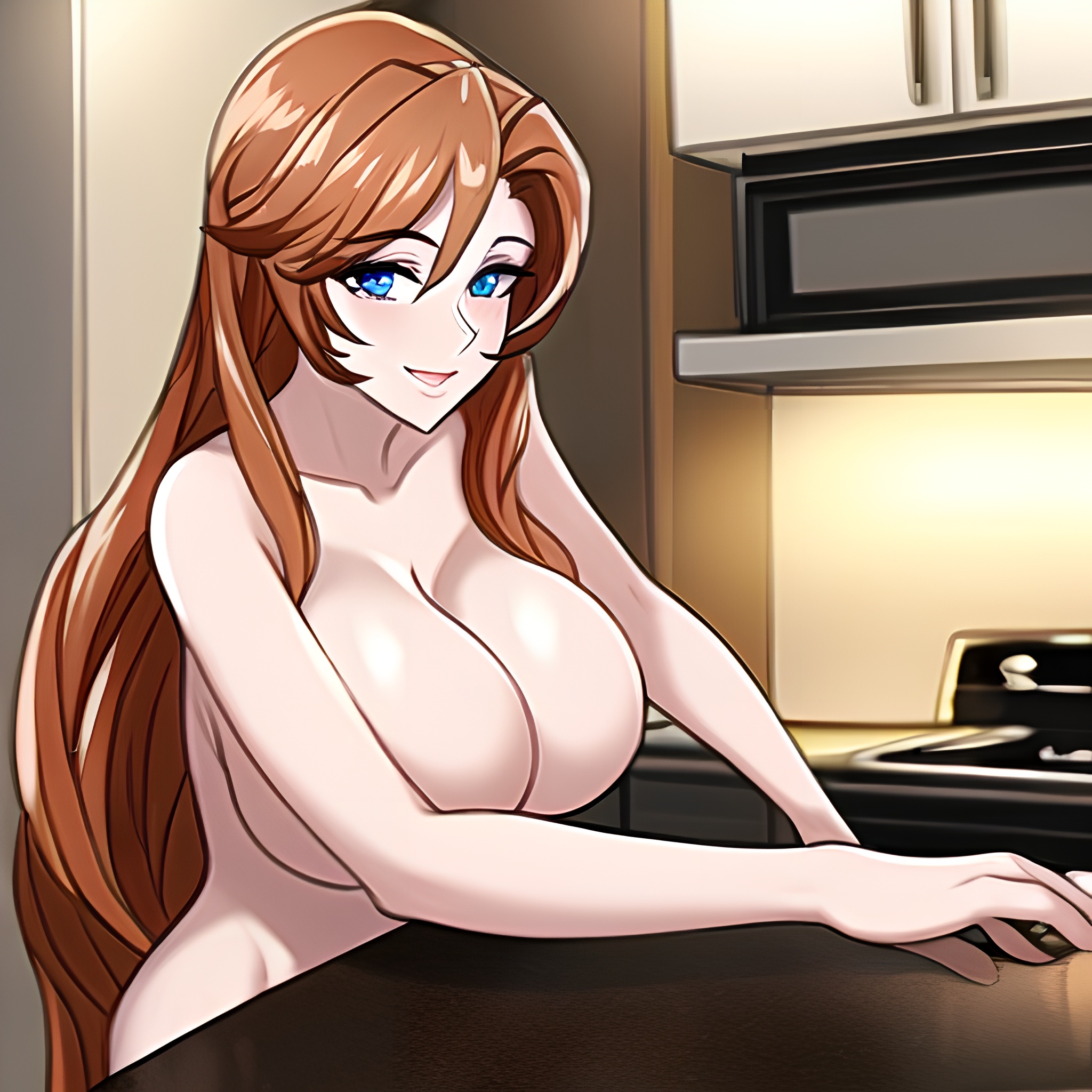 kitchen long hair front view nude woman perfect boobs 