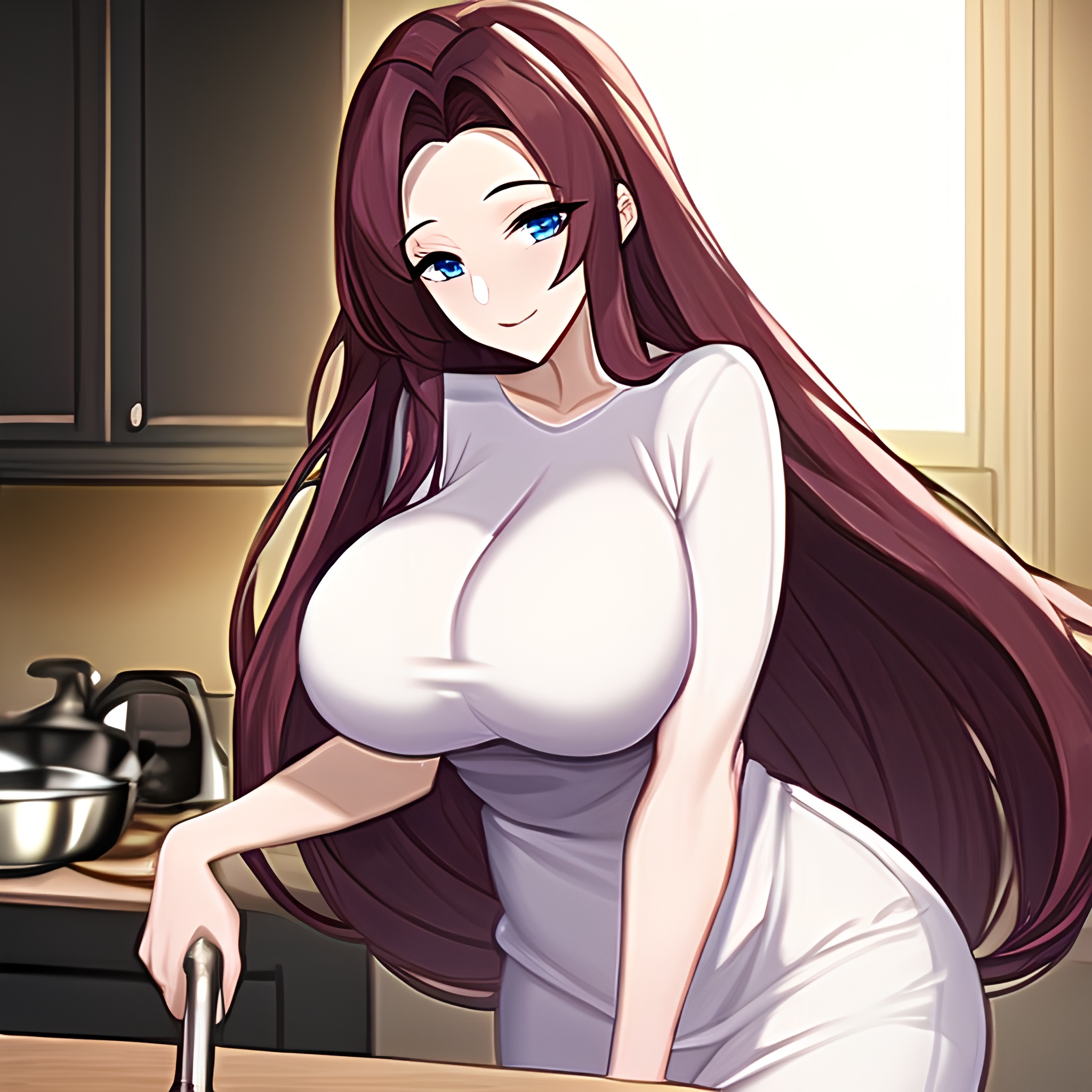 kitchen long hair front view woman perfect boobs nude 