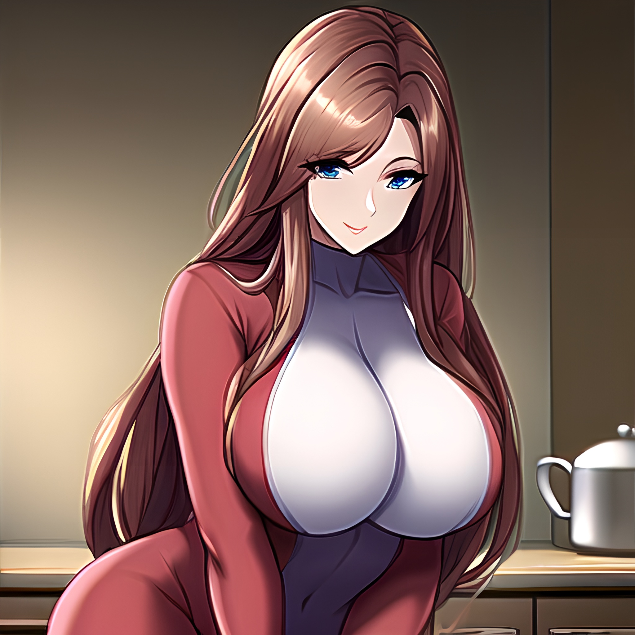 kitchen long hair front view woman perfect boobs nude 