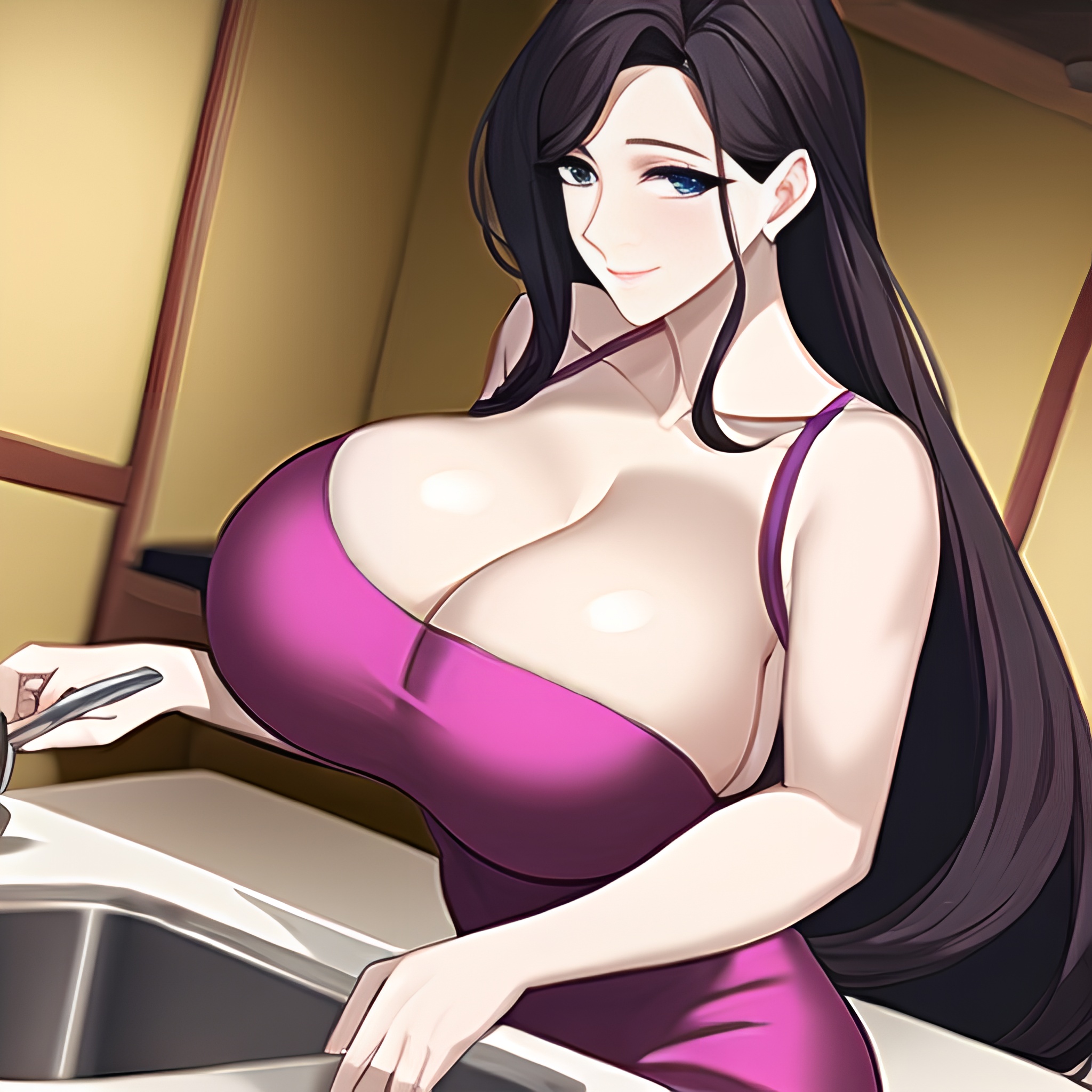 kitchen long hair nude front view woman perfect boobs