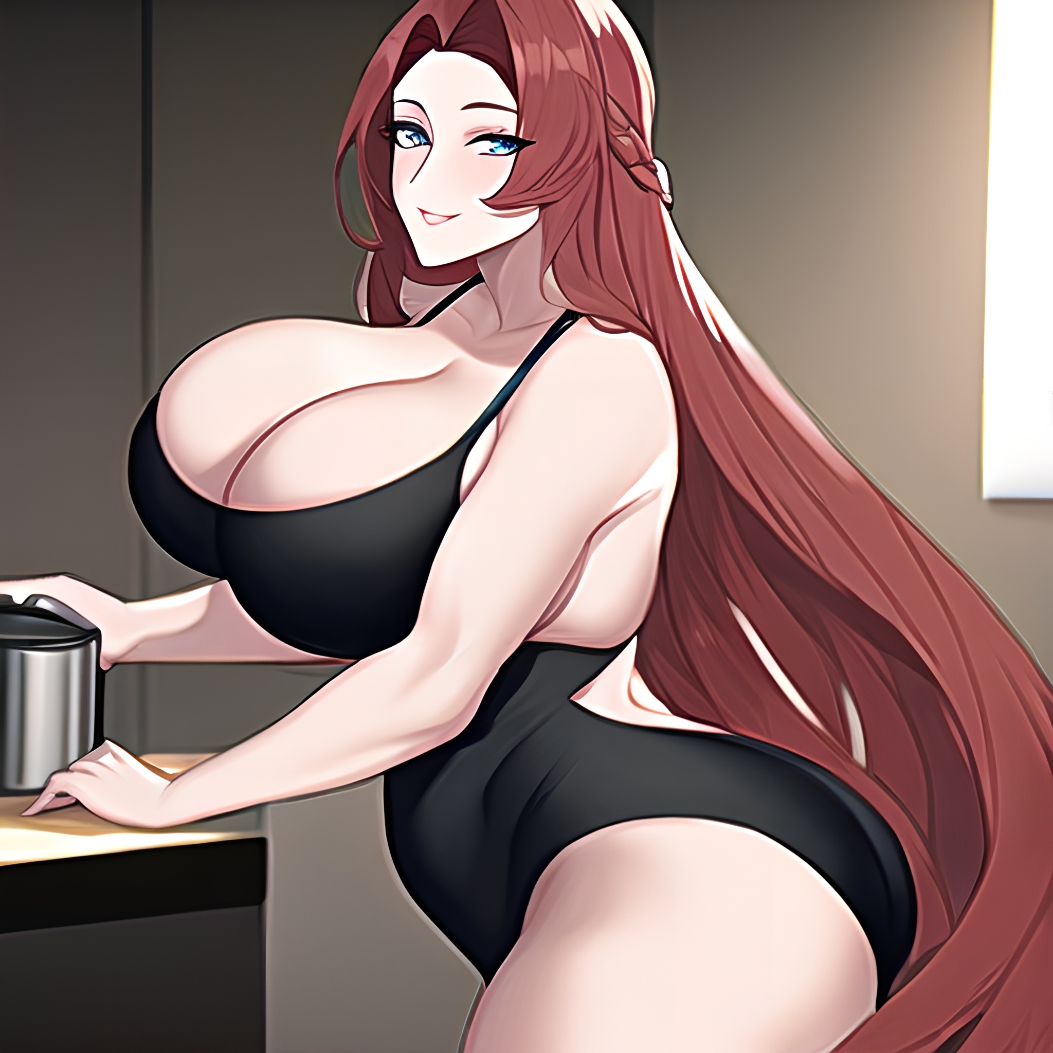 kitchen long hair nude perfect boobs front view woman 