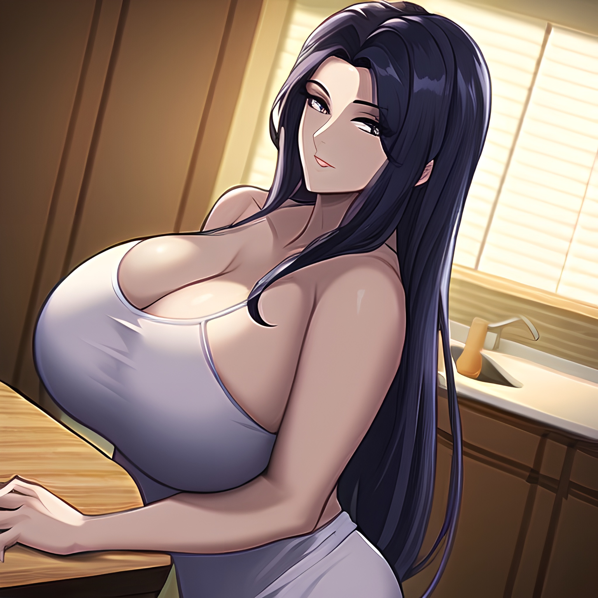 kitchen long hair nude perfect boobs woman front view 